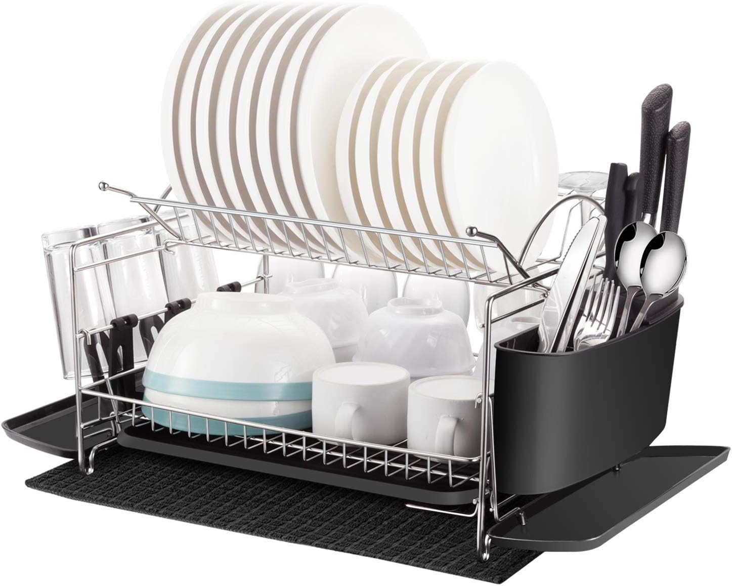 Kitchen Dish Drying Rack, Oyydecor 2 Tier 304 Stainless Steel Large Dish Drying Rack with Drainboard Set Utensil Holder Dish Drainer, Bonus Microfiber Mat and Dish Racks for Counter