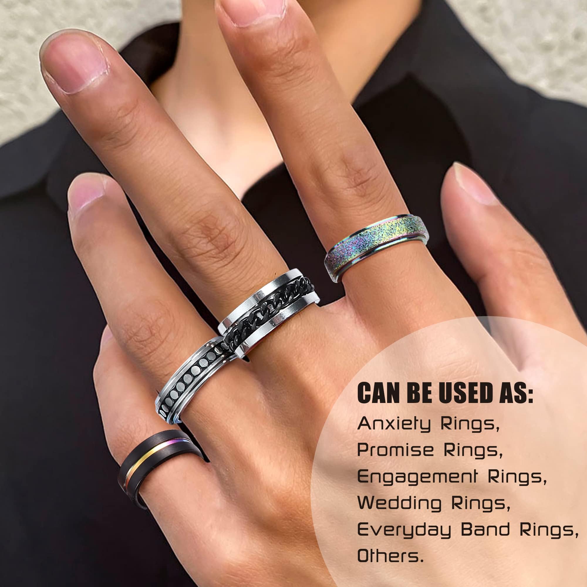 FIOROYAL 16 Piezas Hombres Anillos Acero Inoxidable Plata Negro Banda Cadena Giratorio Anillo Alivio del Estrés Anti Fidget Anillos Boda Compromiso Anillo para Hombre Negro-30