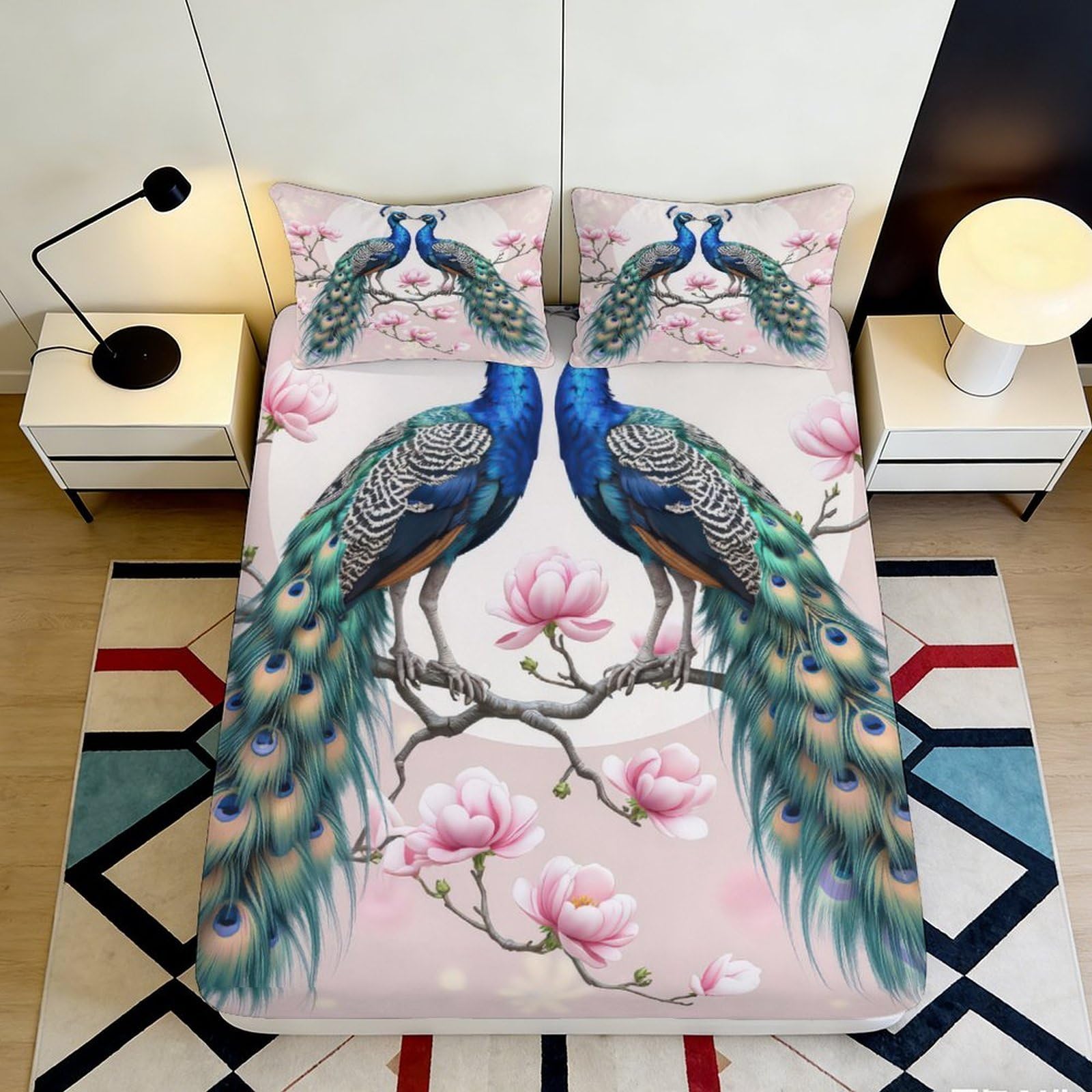 3D Printed Peacock Blossom Fitted Sheet Microfiber Non Slip Bed Cover for Bedroom Guest Room Mattress Protection 90x200x25cm