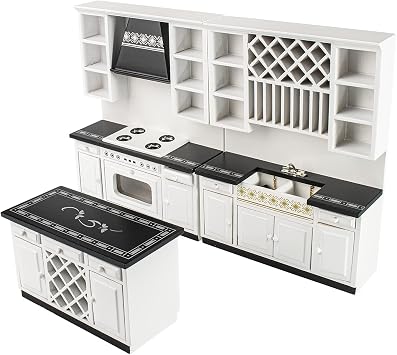 112 Scale Mini House Wooden Furniture Miniature Kitchen Cabinet Mini Bar Counter Furniture Set White and Black