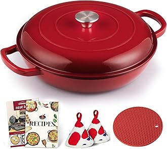 Overmont Enameled Cast Iron Dutch Oven - 3.8 Quart Dutch Oven Pot with Lid - Shallow Cookware Braising Pan - Cast iron Casserole with Cookbook & Heat-resistant Caps - Oven Safe up to 500° F