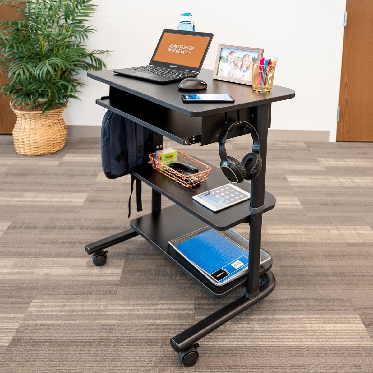 Stand Up Desk Store Adjustable Height Mobile Laptop Workstation with Retractable Keyboard Tray (Black Frame/Black Top, 29” Wide)