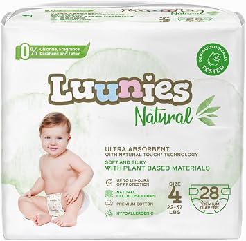 Natural Ultra Absorbent Premium Diapers, Size 4, 280 Count, Hypoallergenic, Chlorine-Free, Plant-Based Materials, Up to 12 Hours Protection