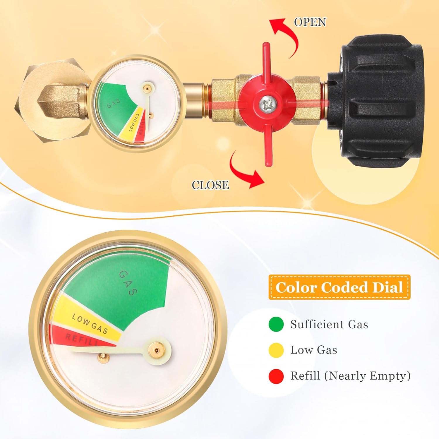 Dreyoo 4 Pack Propane Refill Adapter for 1lb. Tanks, Propane Adapter 20lb to 1lb Converter with Gauge and Valve, Fits QCC1/Type 1 Tank, Solid Brass, 90 Degrees Elbow Design, Convenient & Safe