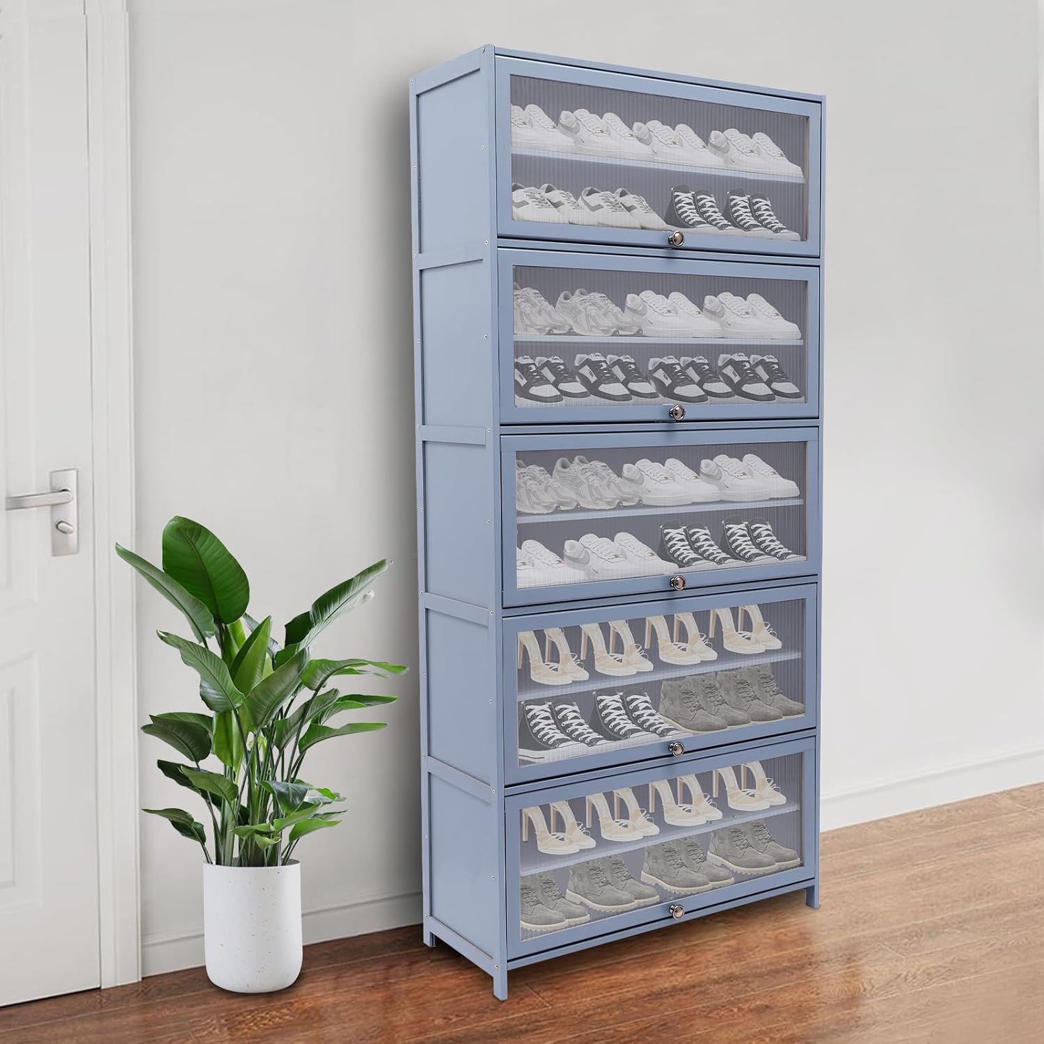 Tall Shoe Cabinet with Clear Acrylic Doors, 10 Tier Bamboo Shoe Rack, 40-45 Pairs Large Capacity Shoe Storage Cabinet Freestanding Organizer Narrow Shoe Shelf for Entryway, Hallway (Grayish Blue)