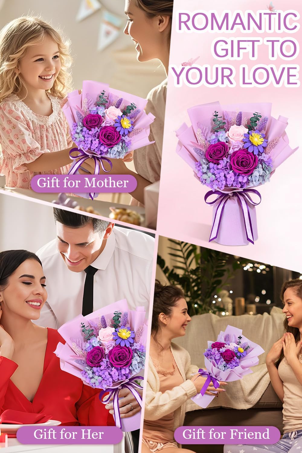 Yastouay Preserved Flowers for Delivery, Last 1-3 Years Flowers Bouquet, Purple Rose Forever Flowers with Gifts Box, Birthday Gifts for Women, Grandma Mom Birthday Gifts - Image 7