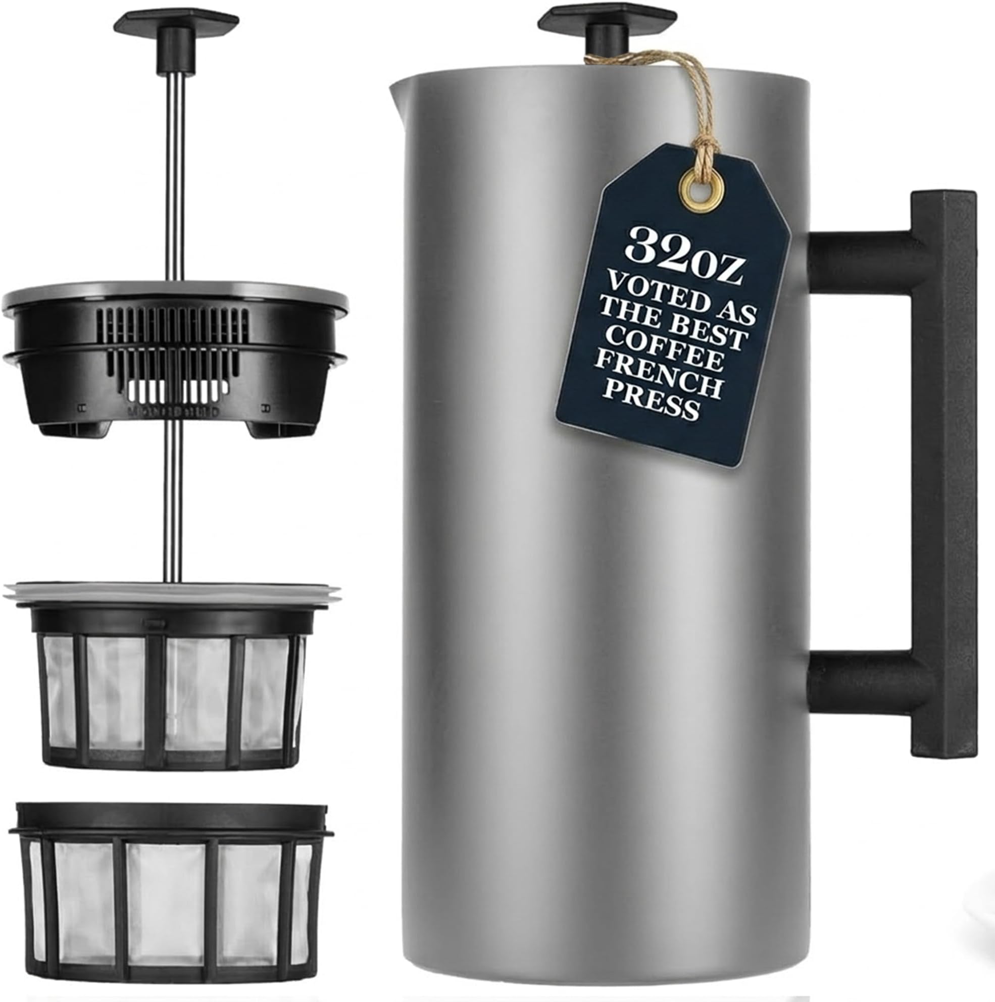 P6 32 Ounces French Press Coffee Maker, Double Walled Stainless Steel Insulated, Brushed Stainless Steel