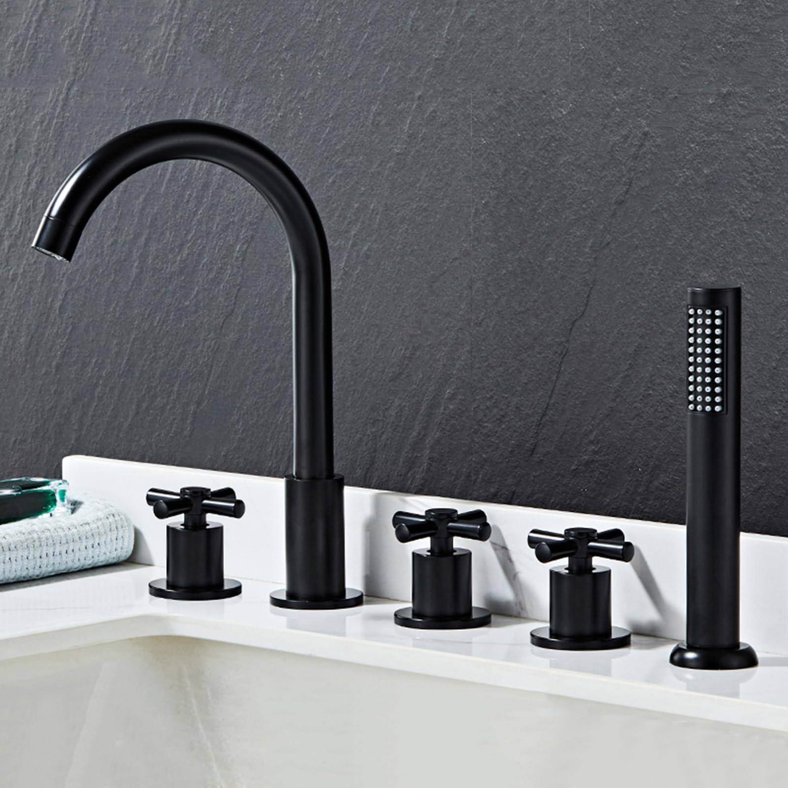 BHGFYXBS 5 Hole Bath Tap Set Gold Bath Mixer Taps With Shower With Diverter 360 Rotating Spout Gooseneck Tap-A,Black