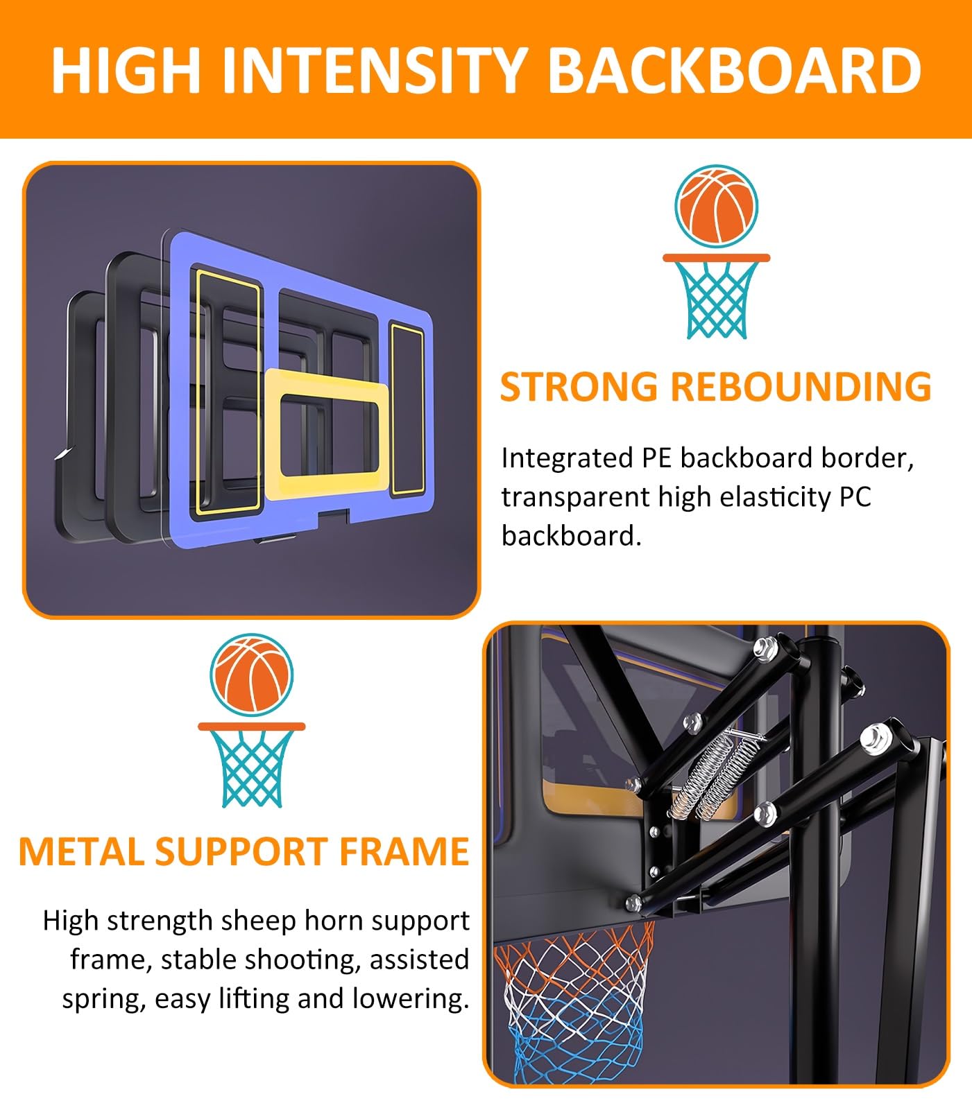 Canasta Baloncesto Exterior Aro De Baloncesto Portátil para Exteriores, Construcción Estable, Base Resistente De HDPE Y Aro De Metal para Patio, Escuela, Fácil De Mover.