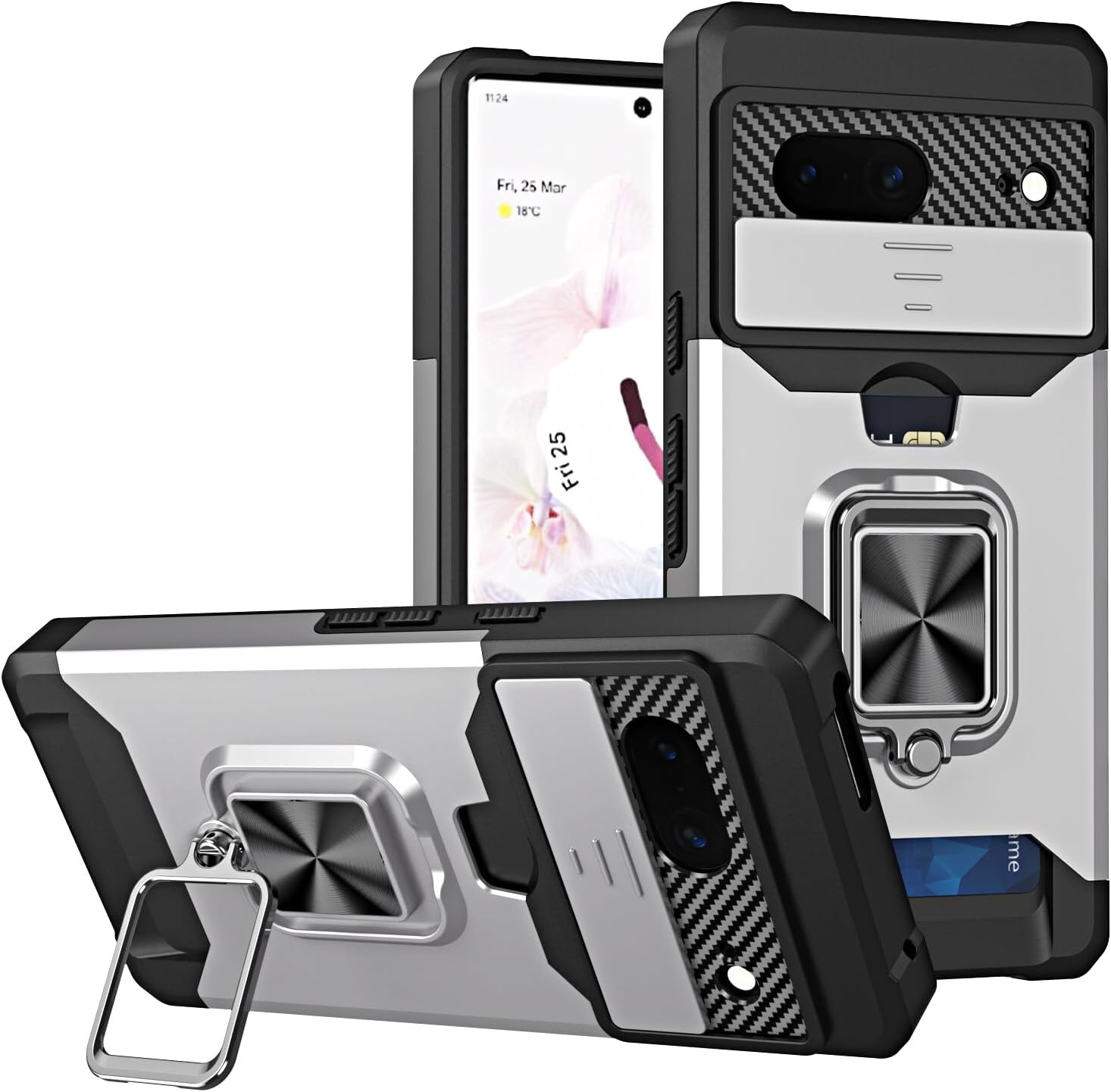 Compatible for Google Pixel 7 TPU Case with Camera Protector || 360° Rotatable Ring Holder || Impact-Resistant Slide Len Cover || Magnetic Card Slots Stand Protective Shell || Silver