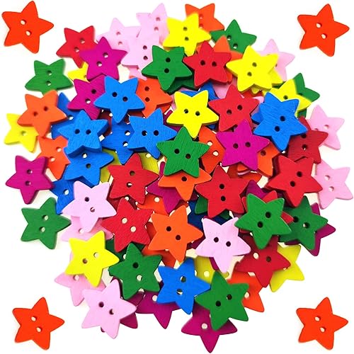 100 botones de estrella de madera coloridos con 2 agujeros, botones rústicos para ropa, costura, álbumes de recortes, manualidades, decoración de