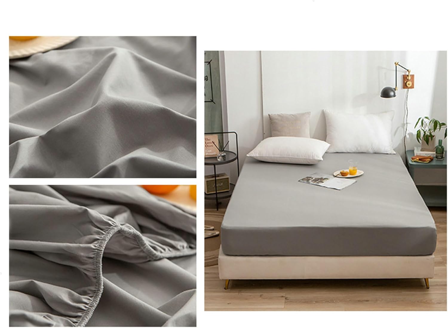 Bedding Fitted Sheet 3/4 Full Bunk, 3 Piece Bed Sheet Set Solid Color Long Staple Cotton Fitted Bedsheet with Two Pillow Cases Easy Care Bedding, Light Grey, 47"x 79"x 8.5"