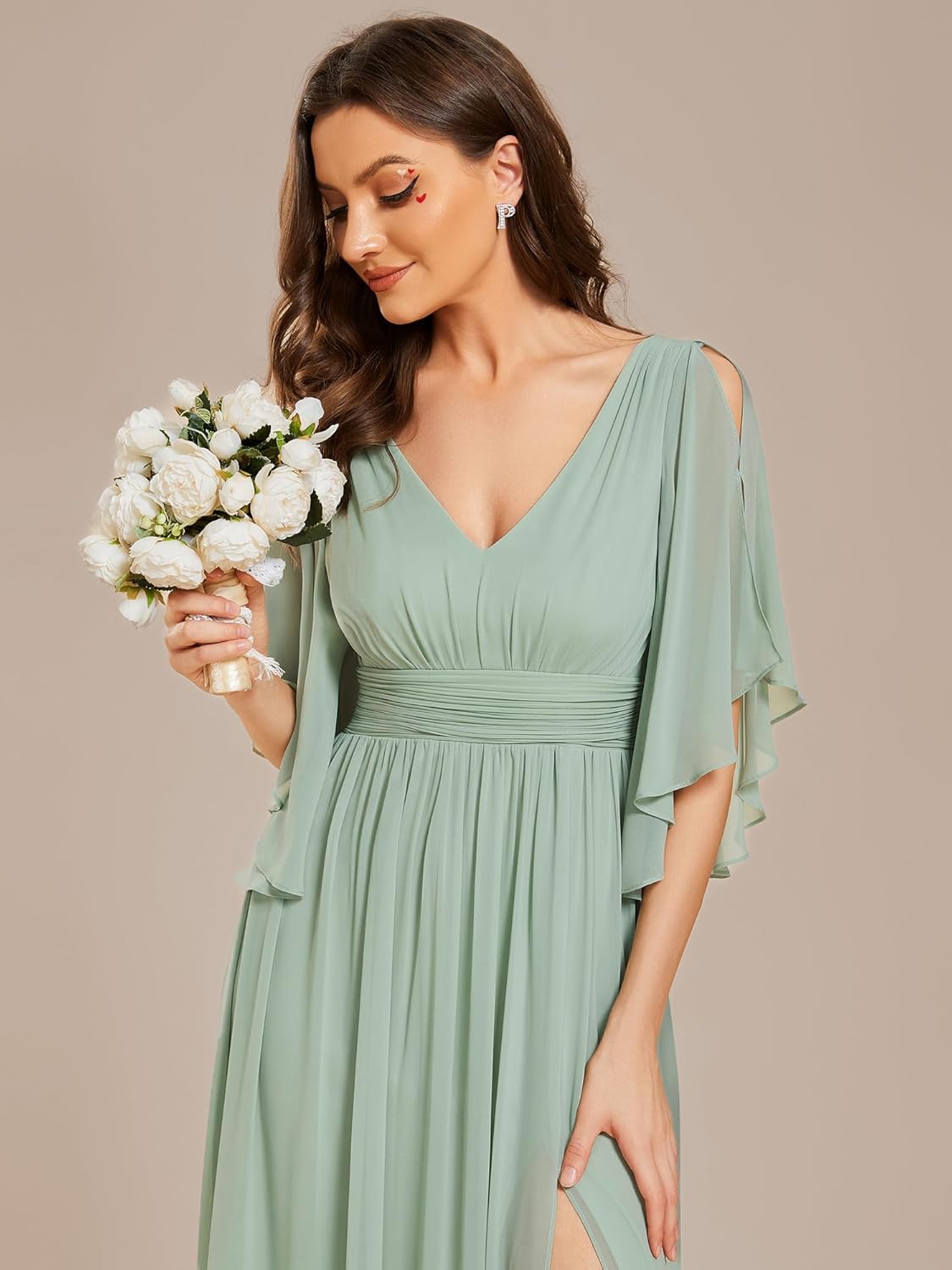 Ever-Pretty Women's Classic V Neck Chiffon Half Sleeves Slit A Line Floor Length Bridesmaid Dress 01886