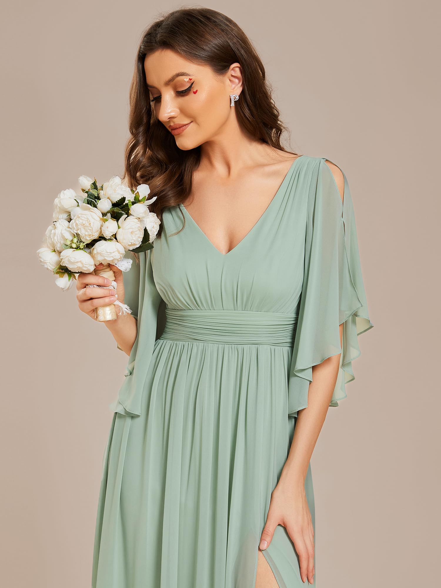 Ever-Pretty Vestidos Largos de Dama de Honor Elegantes Mangas con Volantes y Cintura Imperio Formal ES01886-P