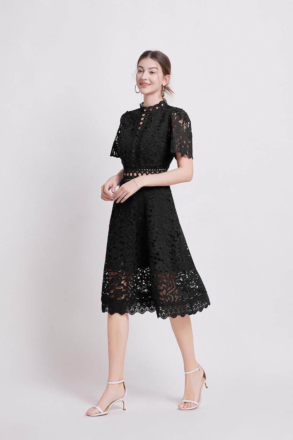 LAI MENG FIVE CATS Women's Short Sleeves Lining Lace Hollow Braided Waistband Solid Color Casual Mini Dress - Image 2