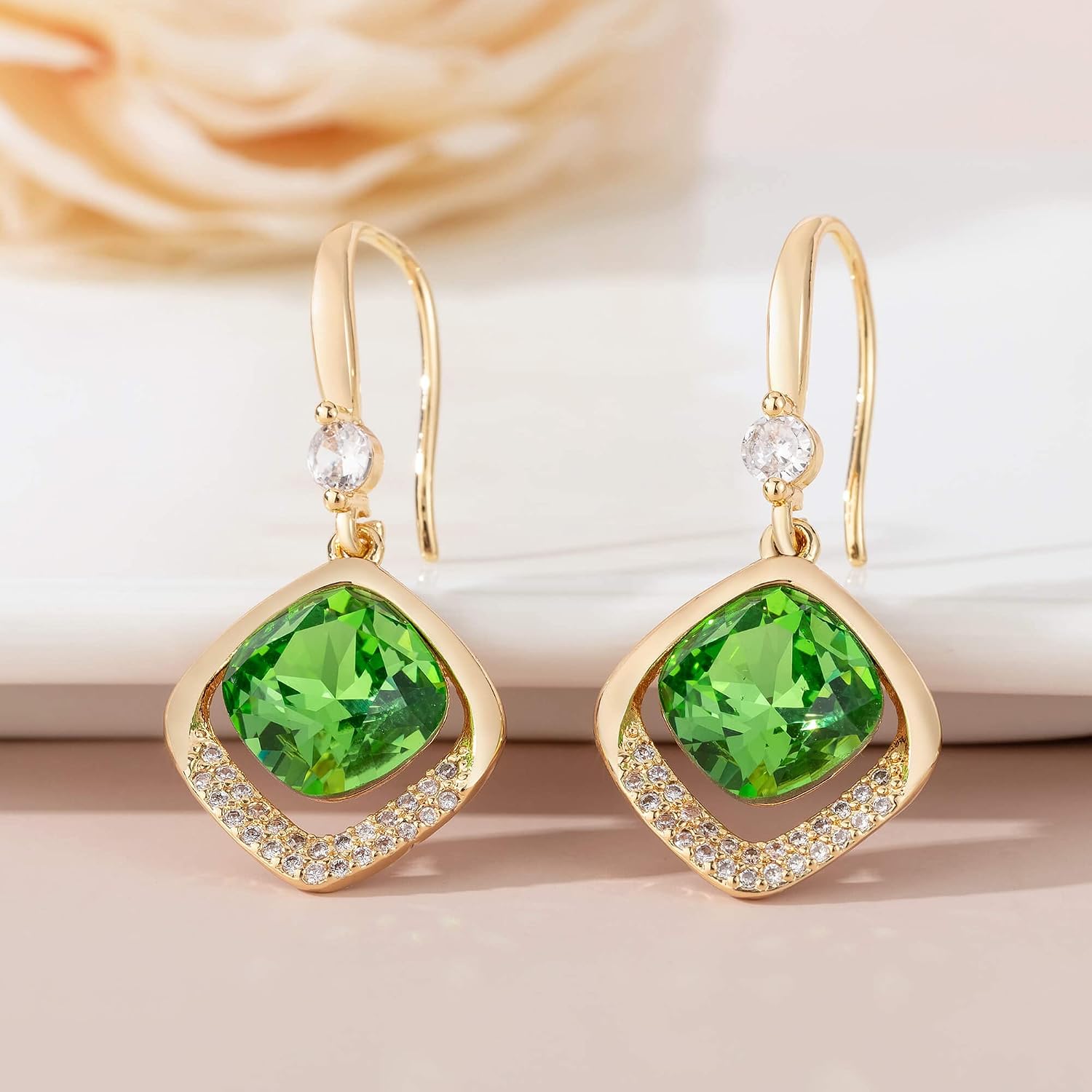 Austrian Crystal Halo Cushion Cut Square Drop Dangle Earrings for Women 14K Gold Plated Hypoallergenic Jewelry Gifts image 3
