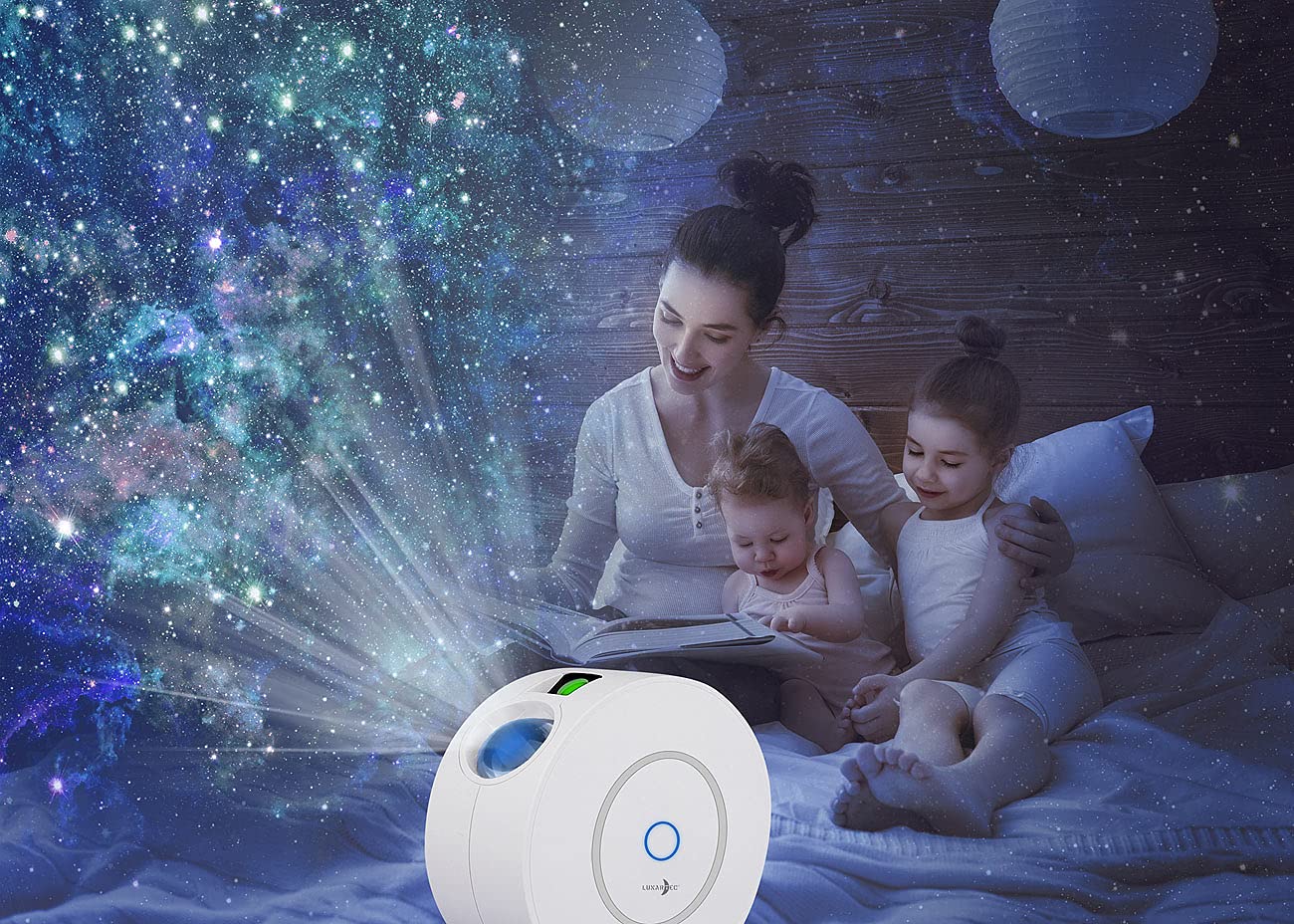 Lunartec Lichtprojektor: Laser-3D-Sternenhimmel-Projektor, RGB-LEDs, Sprach-/Zeitsteuerung, App (Sternenhimmel Schlafzimmer, LED Alexa Sternenhimmel Projektor, Nachtischlampe)