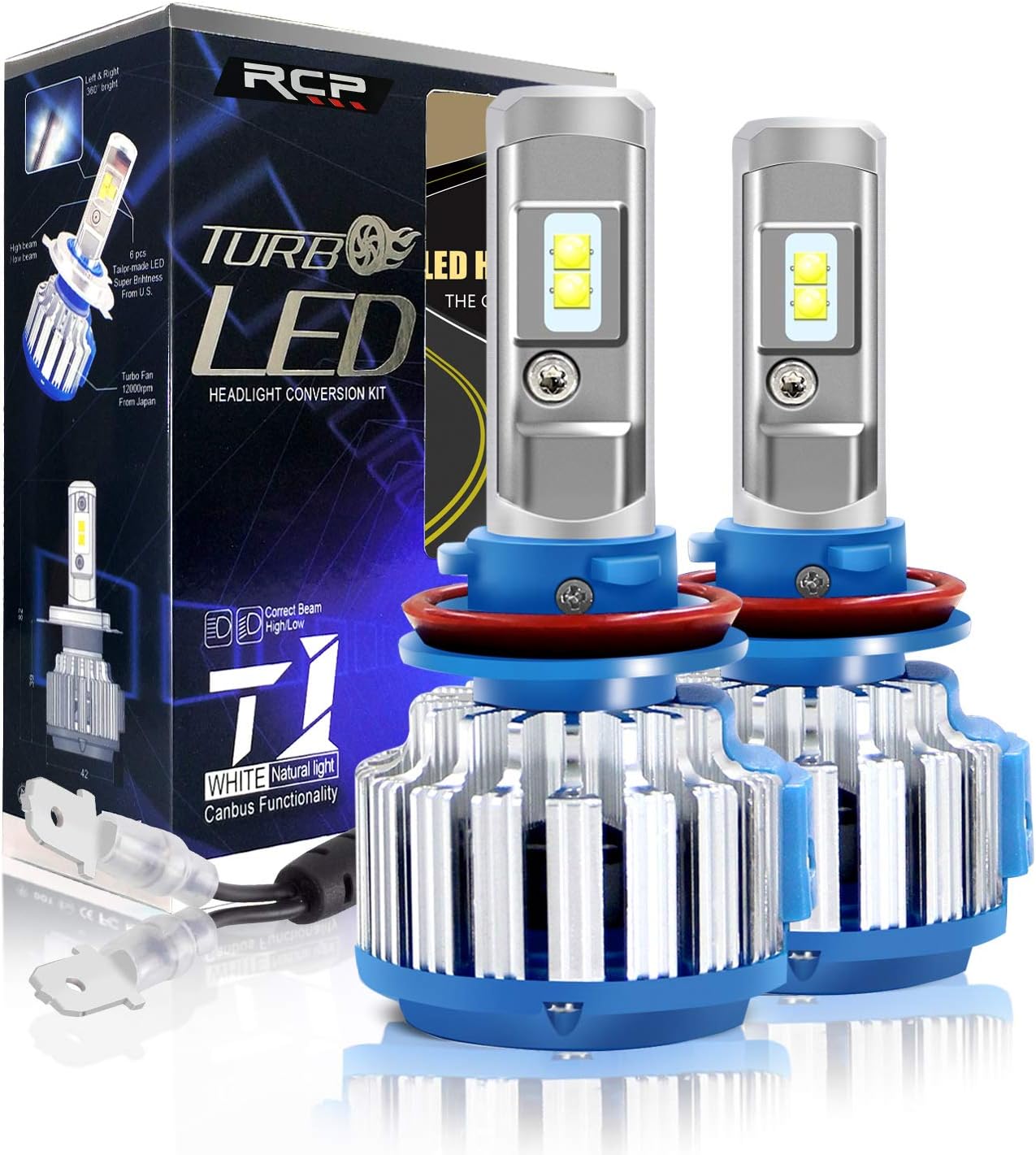 RCP H11B LED Headlight Bulbs, 6000K Bright White Headlamp Conversion Kit, 2 Pack, Headlight