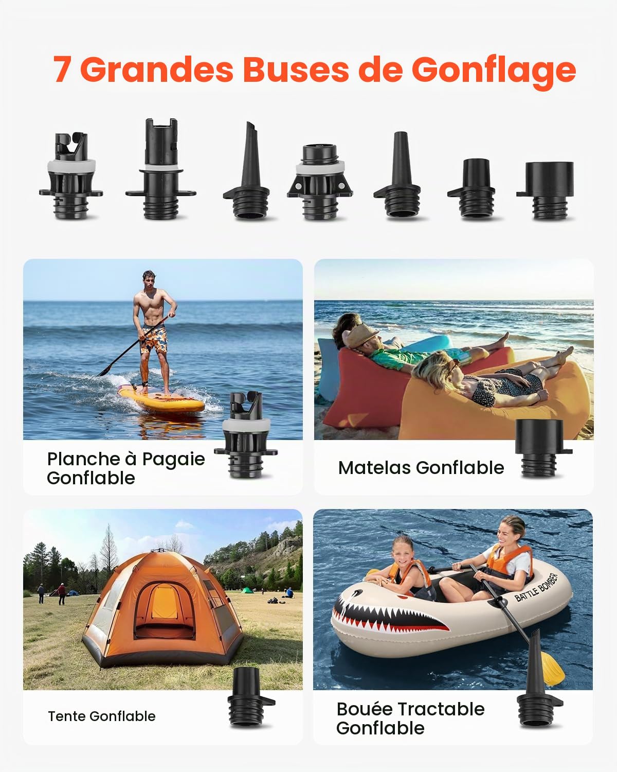 VEVOR Pompe à Air pour Paddle Haute Pression 20 psi, Gonfleur pour Sup avec Connecteur Allume-Cigare et Arrêt Automatique, Gonflage et Dégonflage à Deux Étages, pour Bateau Gonflable Matelas Tentes