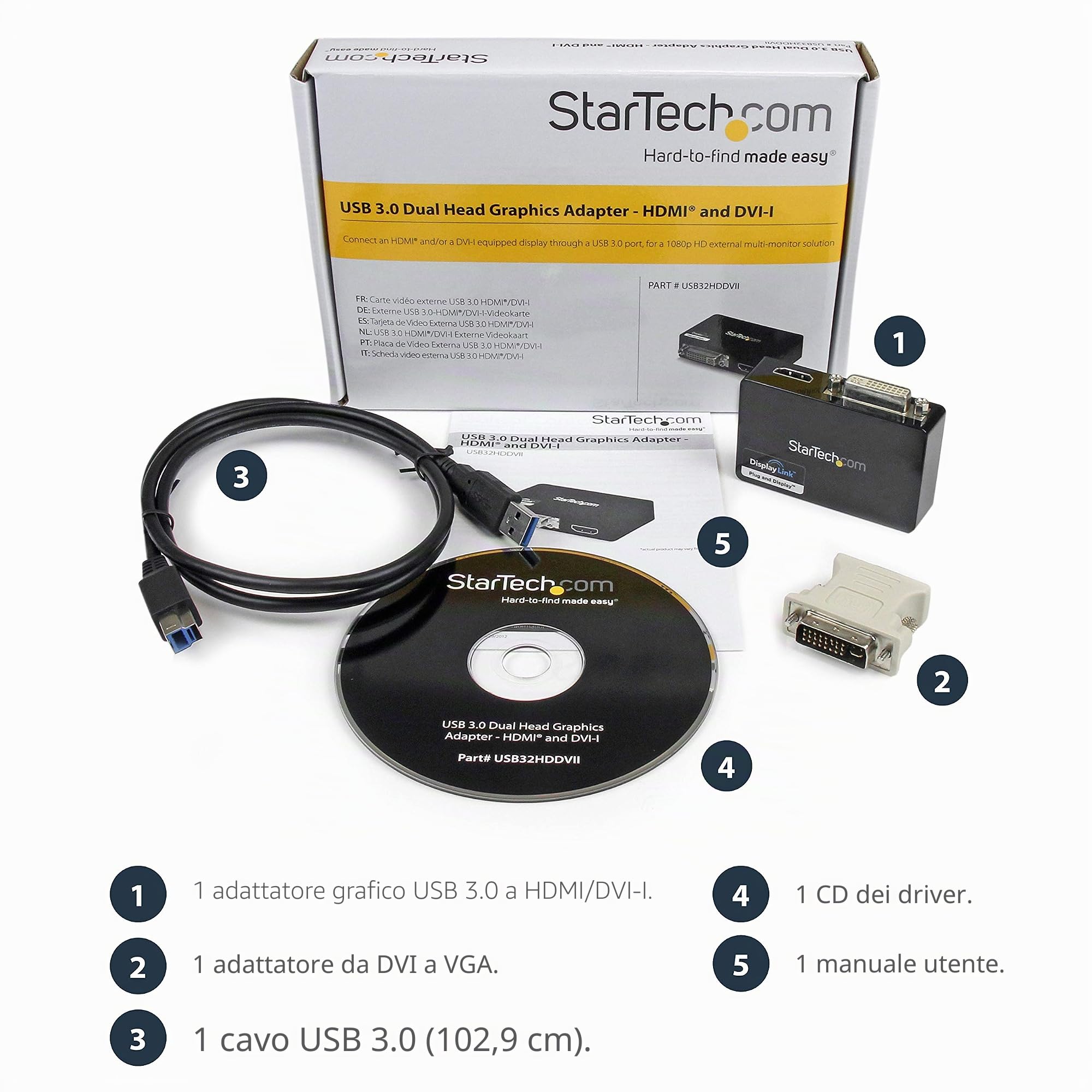 StarTech.com Adaptador de Vídeo Externo USB 3.0 a HDMI y DVI - Tarjeta Gráfica Externa Cable Dual Head - 2048x1152 | Convertitore Doppio Display, Ideale per Estendere il Desktop