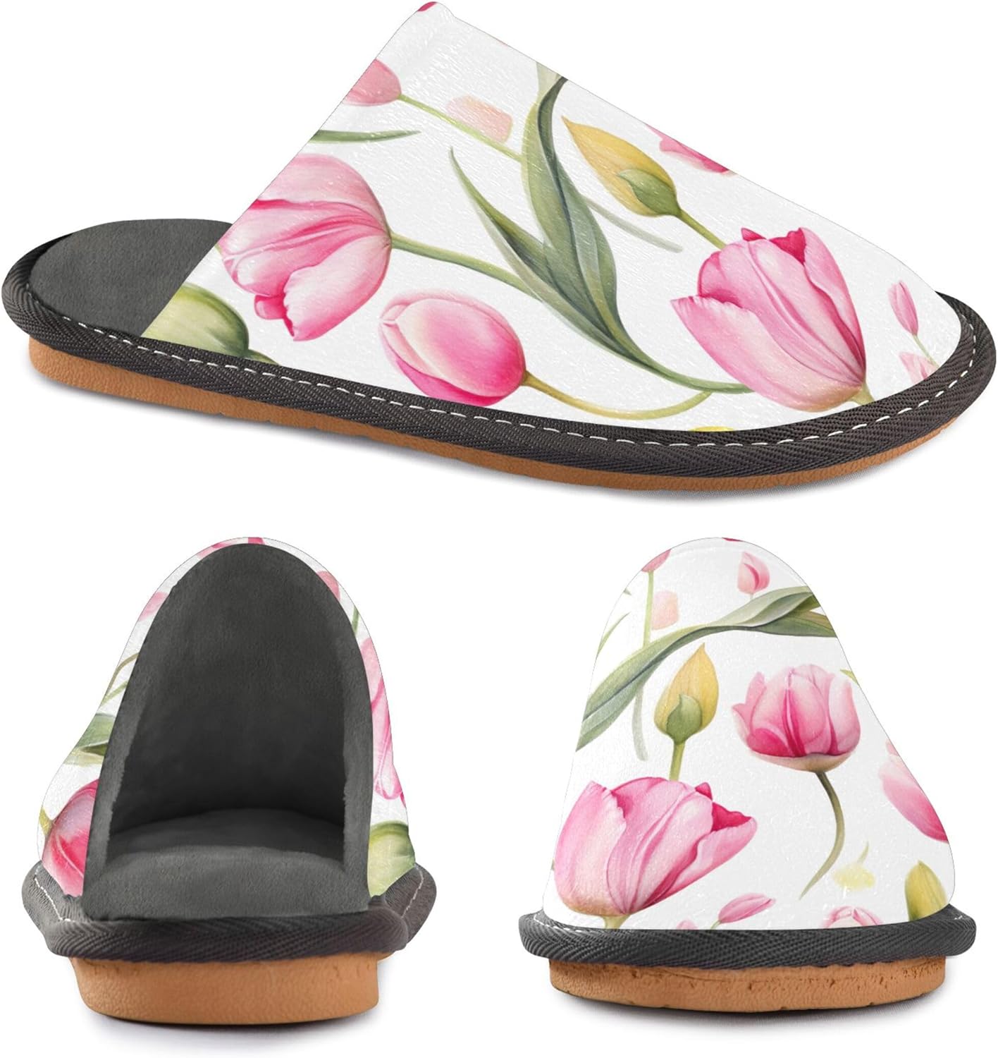 Pink Tulip Flower House Slippers – Cozy Fuzzy Slippers for Guests, Washable & Disposable, Perfect for Shoeless Home, Spa & Hotel Use A111485