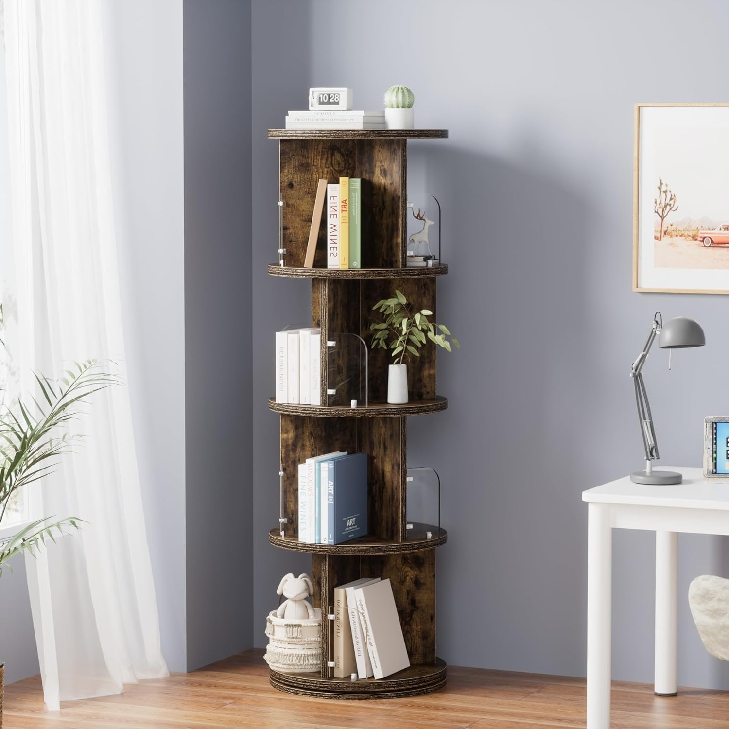 VECELO Rotating Bookshelf Tower, 360°Revolving Bookcase, Modern Tall Book Shelf Storage Display Rack Floor Standing, 4 Tier Storage Rack for Kids&Adults Solid Wood, Brown