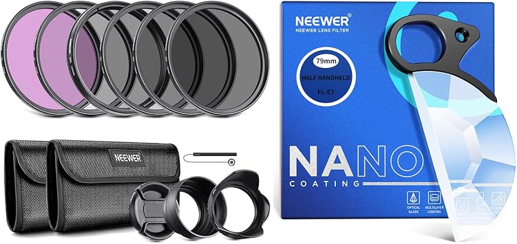 NEEWER 52mm ND Lens Filter Kit UV, CPL, FLD, ND2, ND4, ND8, Lens Hood, Lens Cap and 79mm Handheld Half Moon Kaleidoscope Prism Lens Filter Compatible with Canon Nikon Sony Panasonic DSLR Cameras