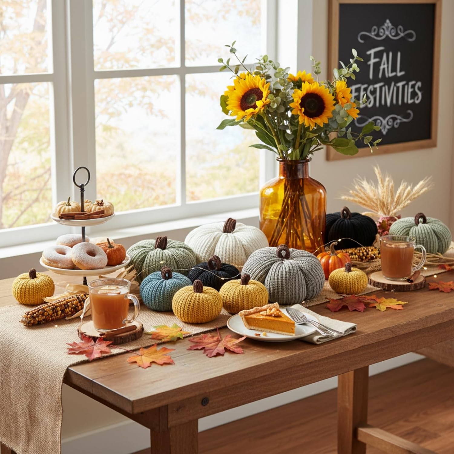 Frienda 7 Pcs Extra Large Knit Pumpkins Set Christmas Rustic Accent 6 Inch Crochet Pumpkin Cozy Winter Decor Thoughtful Gift for Office Bookshelf Table Centerpiece Decor(Cool Autumn Neutrals)