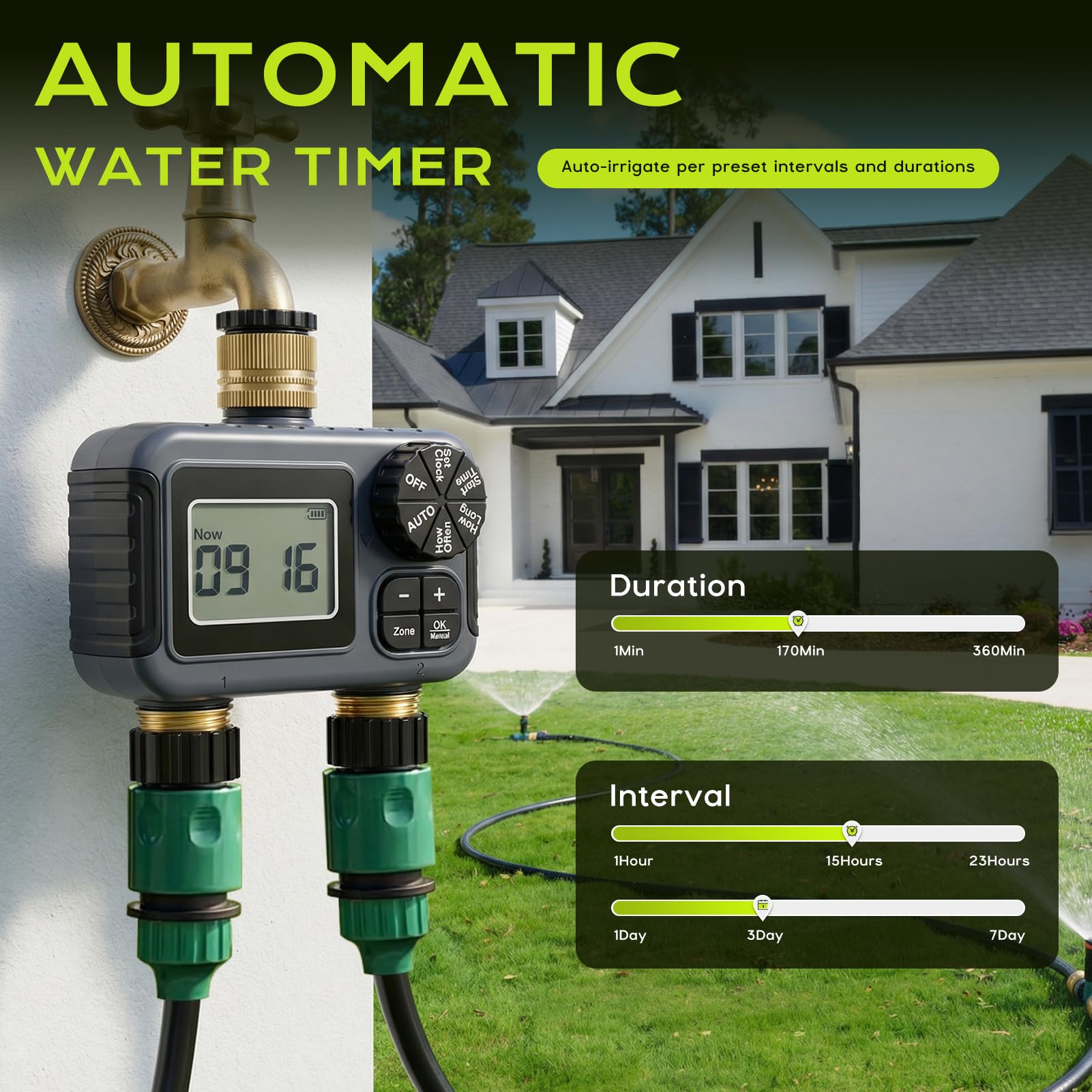 Programmateur Arrosage 2 Voies IPX5 Étanche Minuteur Arrosage Automatique avec Entrée et Sortie en Laiton, Retard de Pluie, Arrosage Automatique et Manuel, Minuterie d'irrigation pour Jardin Pelouse