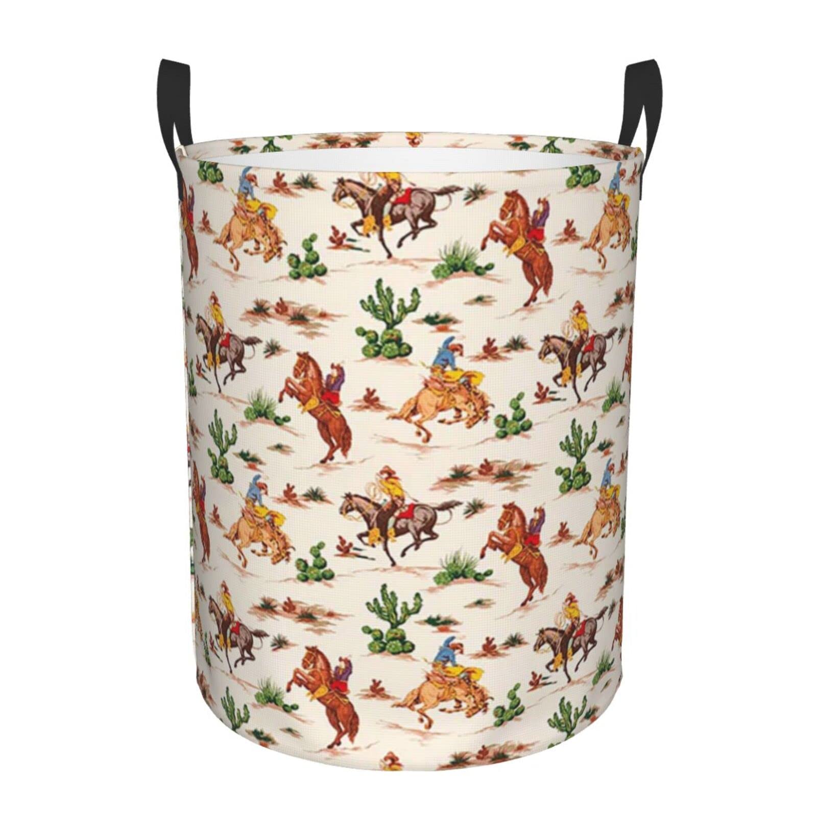 Esasam Black Cowboy Ride Horse Print Round Laundry Basket With Handles Waterproof Laundry Hamper For Bathroom Circular Storage Basket