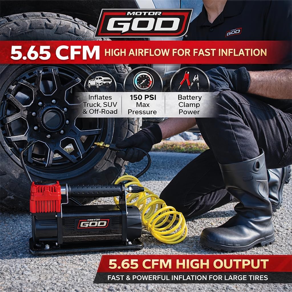 12V Portable Air Compressor – 5.65 CFM Heavy-Duty Tire Inflator for Truck, SUV & Off-Road Vehicles – 150 PSI Battery Clamp Air Pump with Gauge & Storage Bag