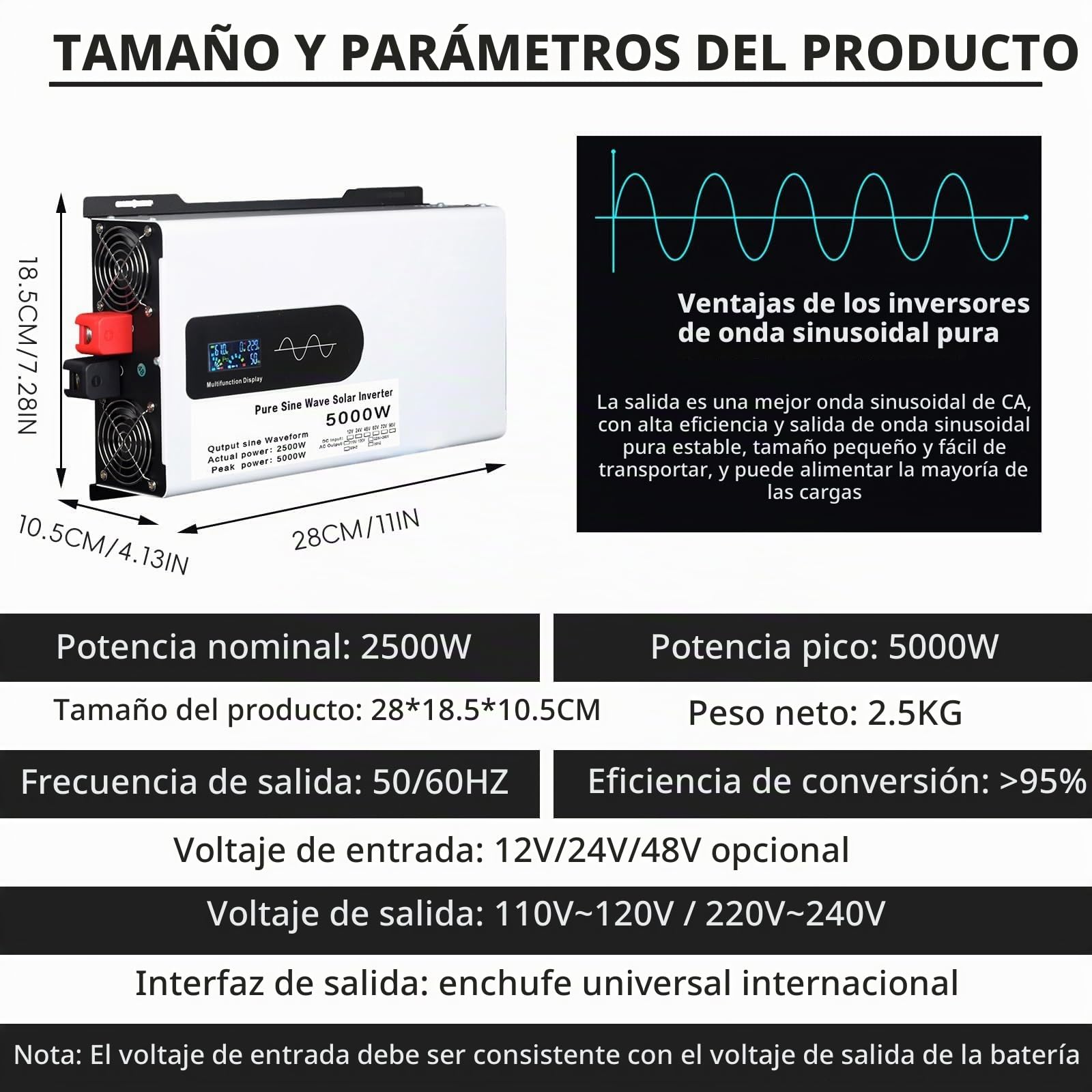 5000w 6000w 8000w 10000w 12000w De Voltaje De Onda Sinusoidal Pura Coche-Convertidor Coche 12v 24v 48v 60v 72v 96v A 110v/220v Inversor, para Portátiles, Camiones(5000W,12V to 110V)