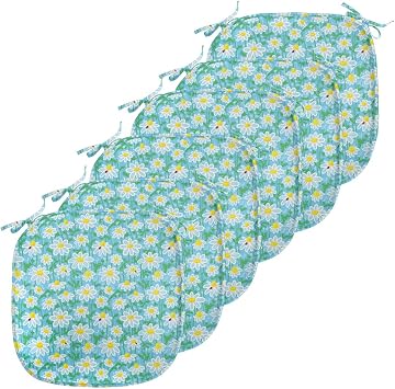 Lunarable Yellow and Blue Chair Seating Cushion Set of 6, Meadow Art Pattern with Ladybirds and Chamomile Daisy Blossoms, Anti-Slip Seat Padding for Kitchen & Patio, 16"x16", Aqua White Marigold