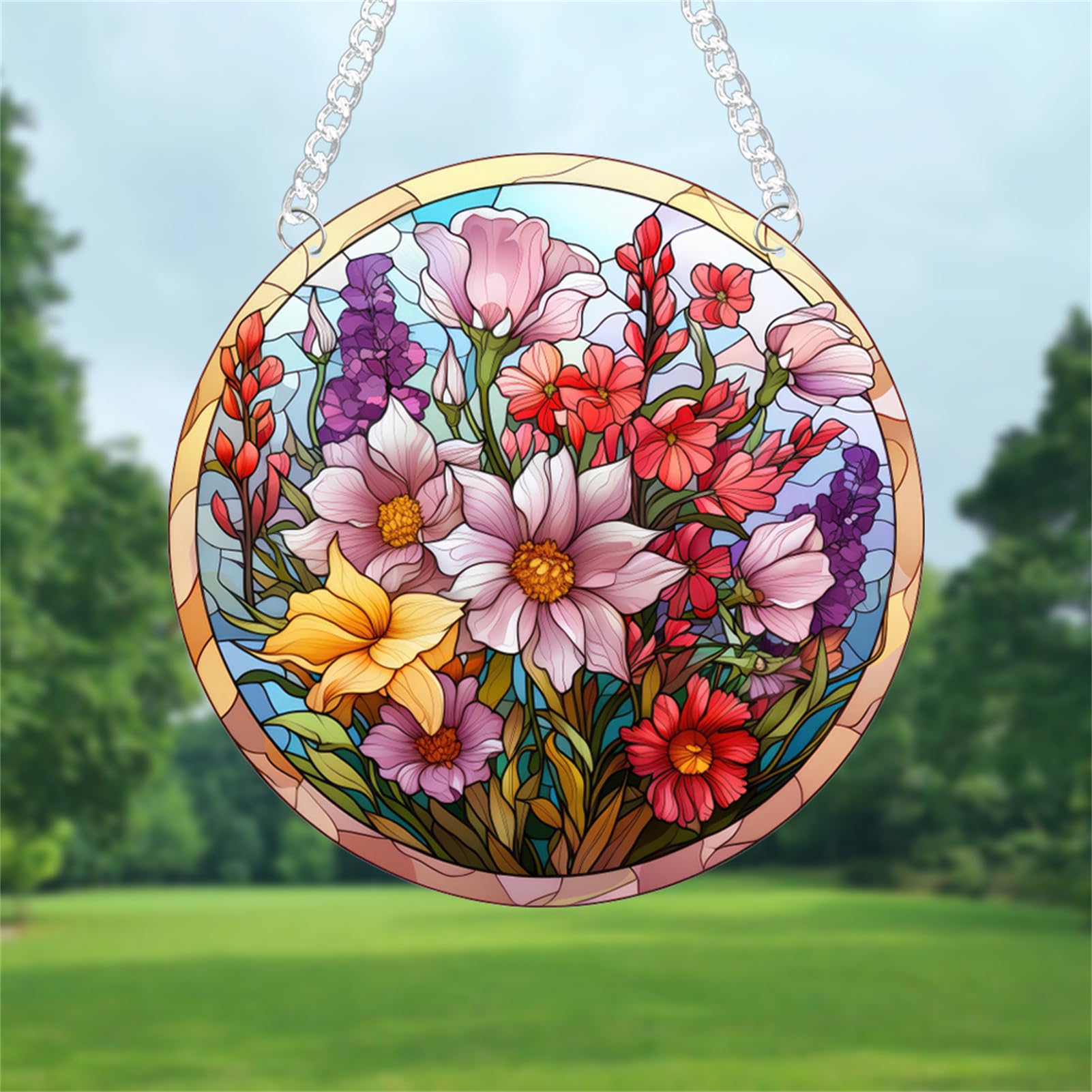 WOHAHA Floral Stained Window Hanging Garden Flowers Acrylic Panels Indoor Outdoor Round Windows Hanger Kitchen Bedroom Garden Wall Art Decor Gifts for Women Mom Grandma Teacher
