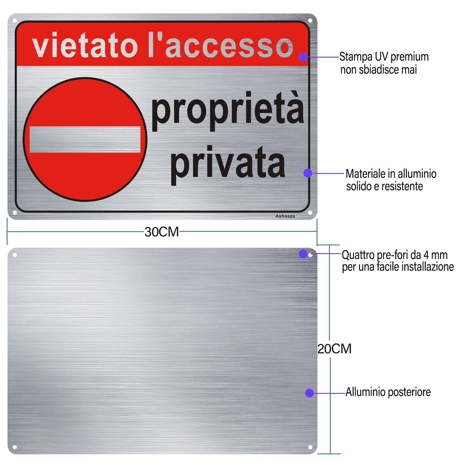 IT Ashoaza Panneau De Propriété Privée En Aluminium Brossé, 20 X 30 Cm, Interdiction D'accès, 2 Panneaux Interdits D'accès Non Autorisés, Réfléchissant, Imperméable, Résistant Aux UV