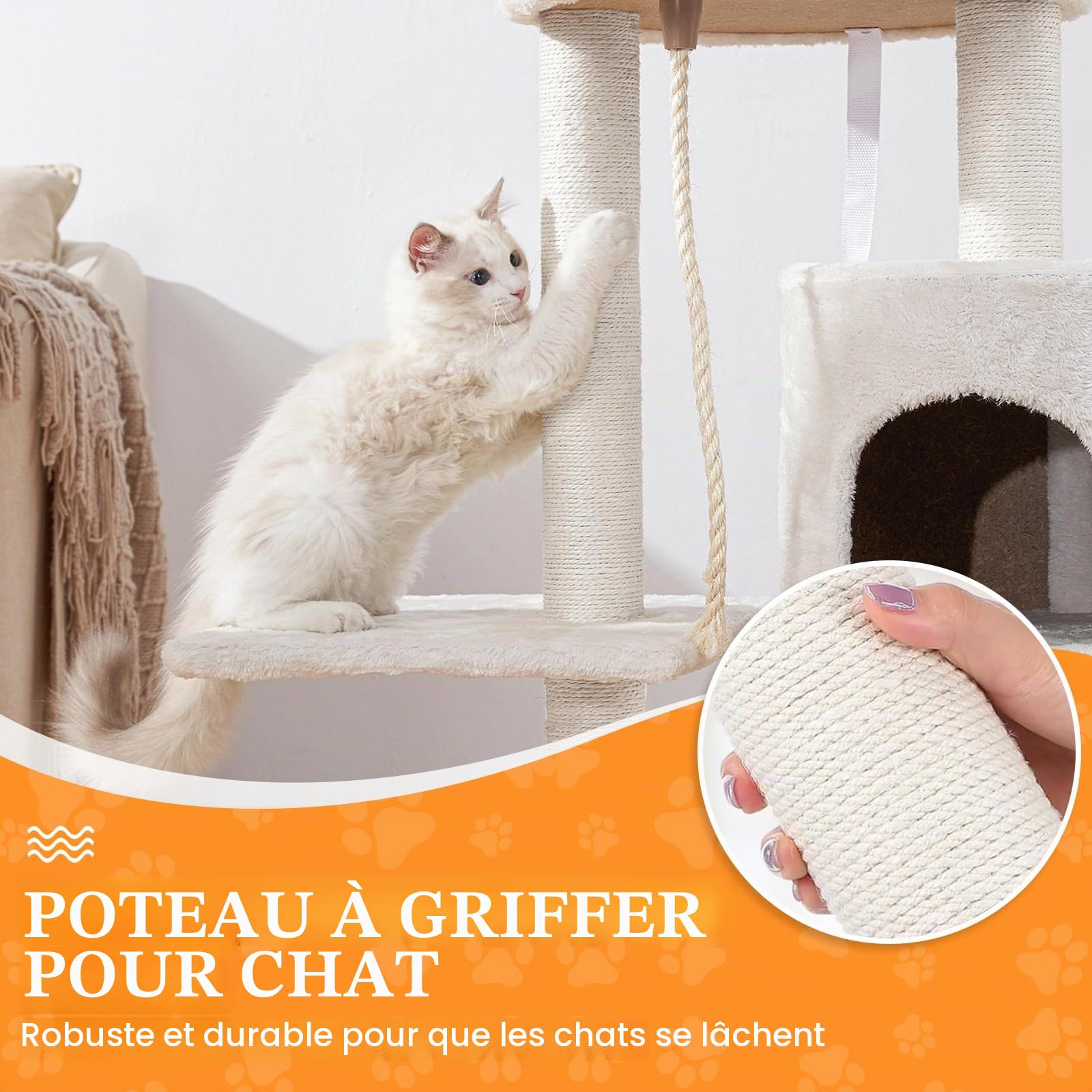 Tronc de rechange pour griffoir en sisal, diamètre 7 x 34 cm, accessoire pour griffoir en sisal, hauteur 70 cm, avec vis M8 et clé anglaise