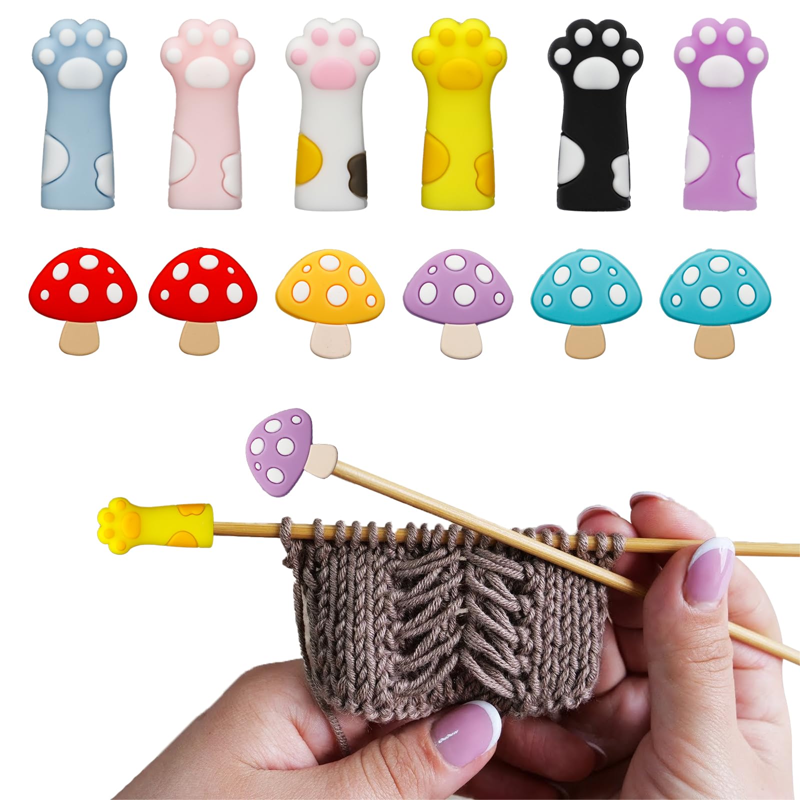 12 PCS Cat Paw Knitting Needle Stoppers and Mushroom Knitting Point Protectors, Knitting Needle Caps and Huggers, Stitch Tip Covers, Knitting Accessories for Knitting Crafts, Quilting