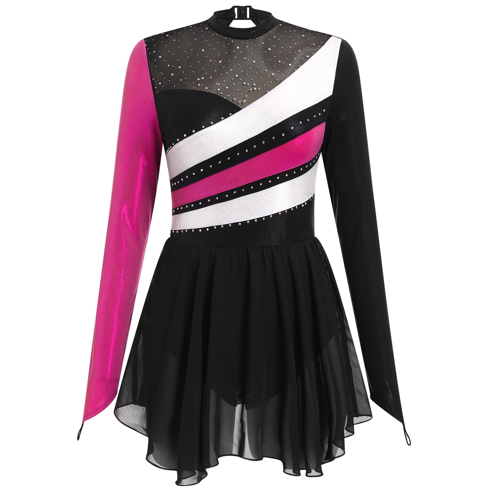 AFAVOM Figure Ice Skating Dress for Women Long Sleeve Glitters Ballet Dance Dress Sparkle Gymnastics Competition Dancewear Dress Performance Lyrical Ruffle Mesh Costume Skirted Leotards Hot Pink XS