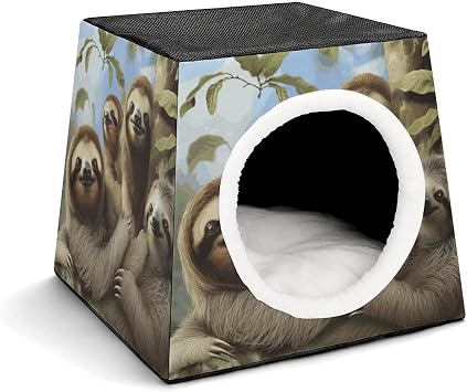 Cat House for Indoor Outdoor Cats Dogs Personalized Cat Cave Cute Lesure Sloth Family Printed Cat Beds Suitable for Small Sized Pets