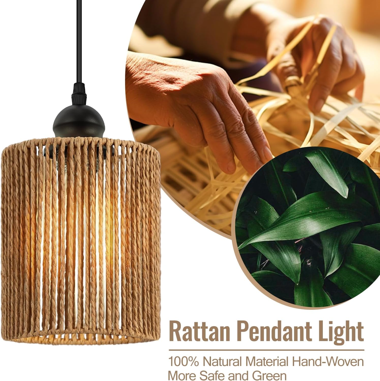 BoostArea 2 Pack Rattan Pendant Lights Kitchen Island, Farmhouse Chandelier with Handwoven Wicker Shade, Adjustable Height Boho Hanging Light for Kitchen Island/Dining Room/Bedroom/Hallway, No Bulb