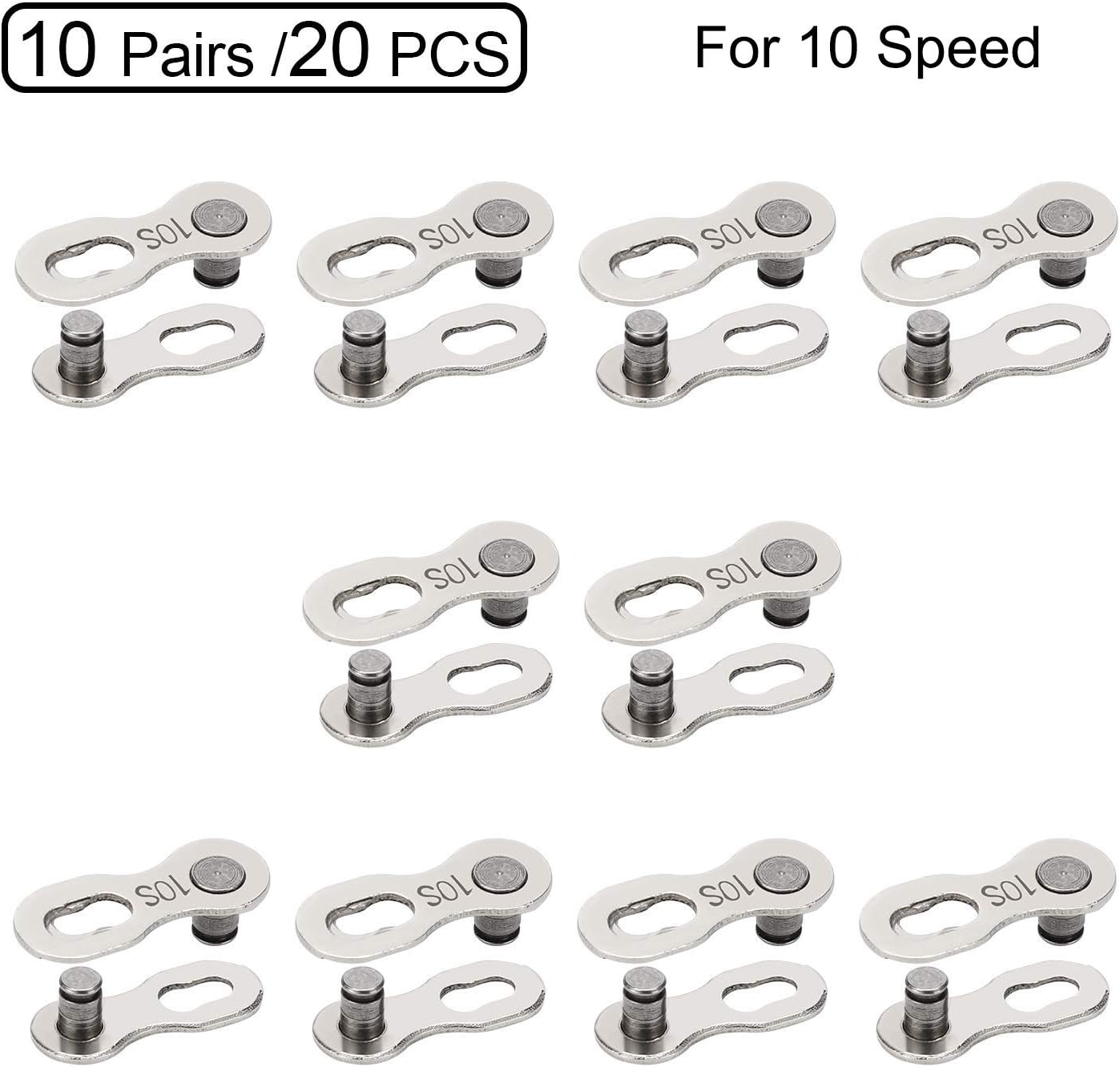 QKURT 10 Pairs 20pcs Bicycle Missing Link for 10 Speed Chain, Professional Reusable Bicycle Chain Link Connector, Steel Bike Chain Link