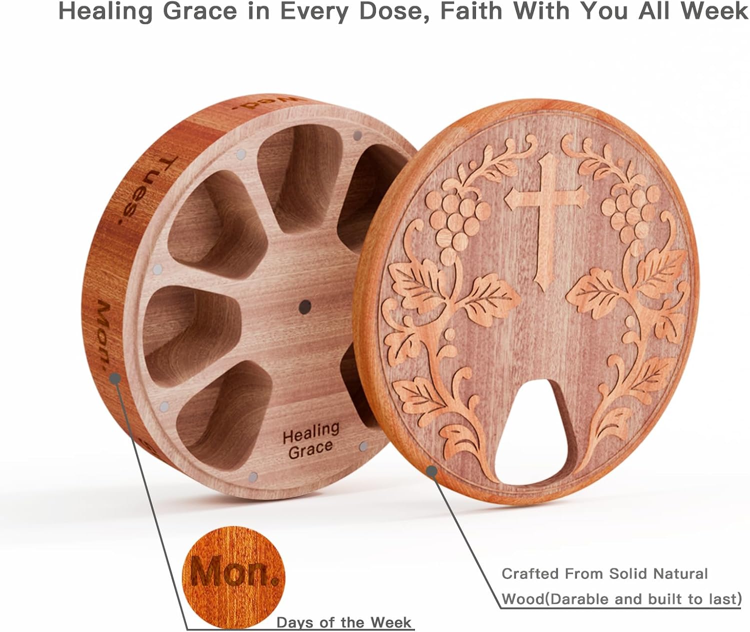 Wooden Weekly Pill Organizer - 7 Day Pill Box with Cross Engraving for Christian Religious Gift for Parents, Gift for Mom from Daughter Son (Sapele Max Healing Grace)