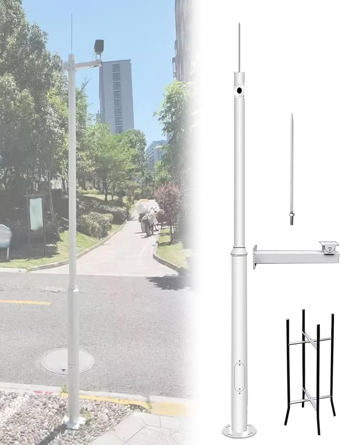 Detachable Surveillance Camera Pole for Street Lights - Solar Panel & Camera Mounting Bracket Holder with Lightning Rod (118.1in/300cm) - Durable & Adjustable