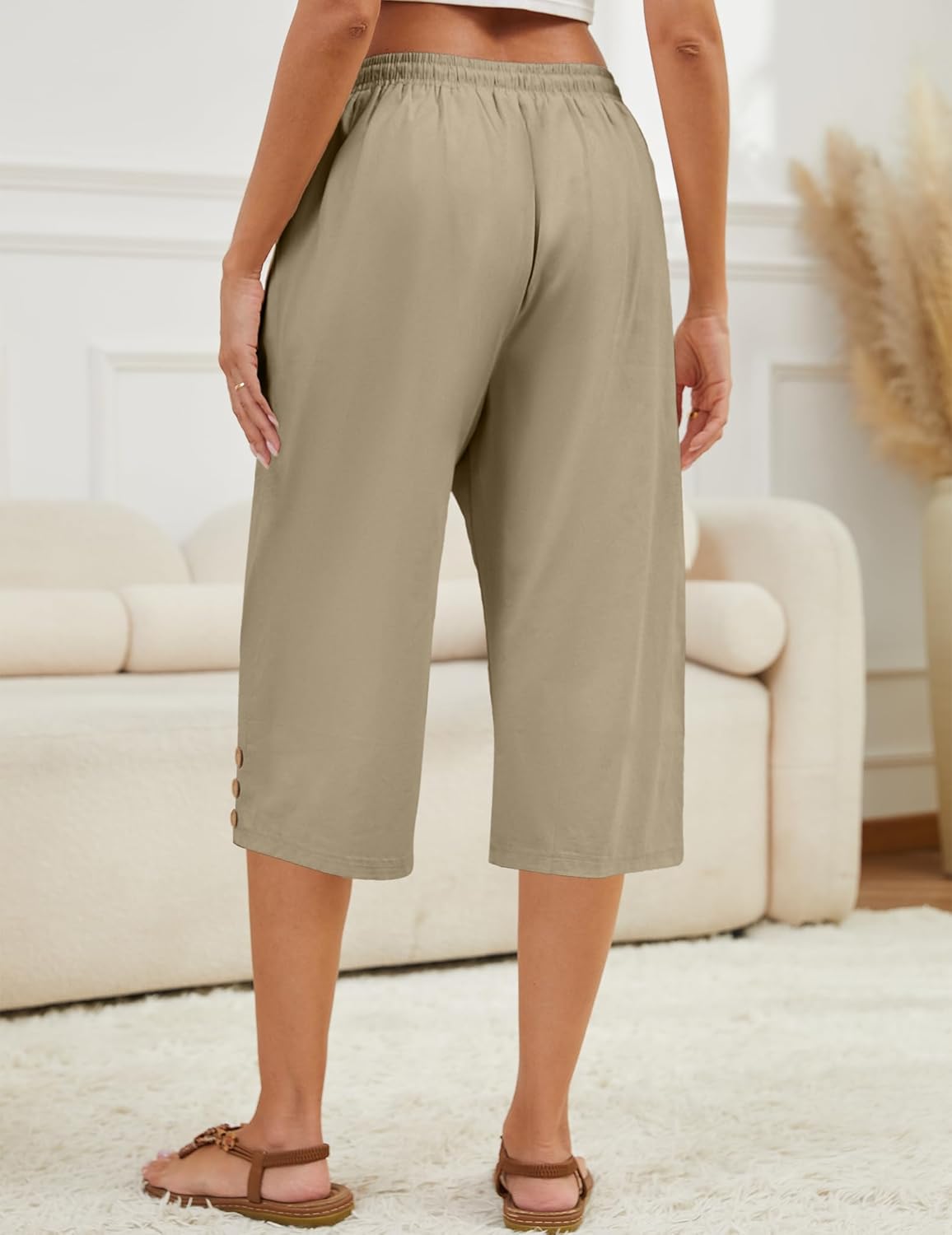 Womens Capris Pants High Waist Drawstring Comfy Casual Lightweight Loose Trousers Buttons Trim with Pockets - Image 7