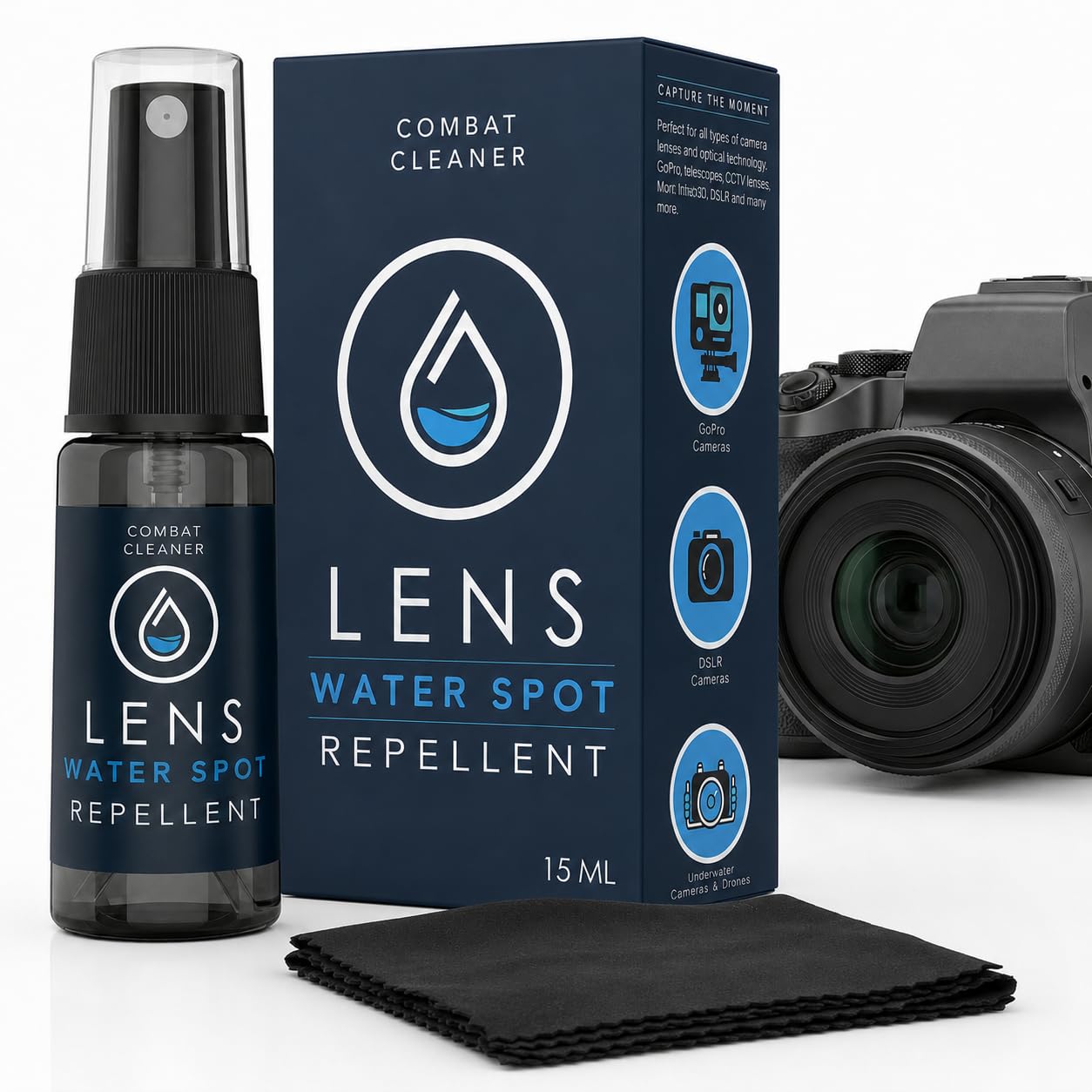 Water Spot Repellent for Camera Lens and Optical Surfaces, Coated Lenses, Binoculars, Scopes, Camera, Glasses, Screen Combat Cleaner Water Spot Repellent with Microfiber Cloth, Camera Care Kit