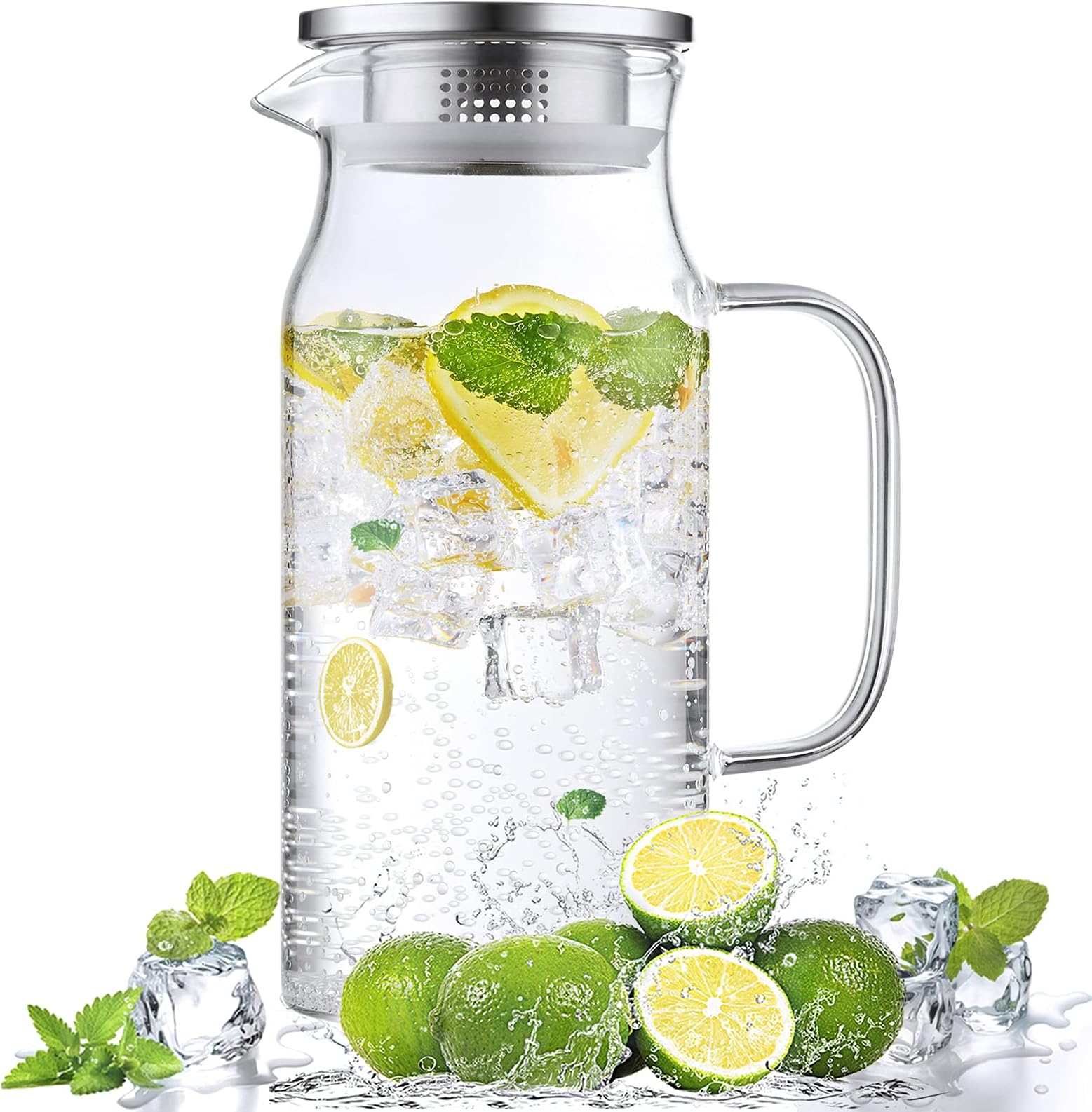Bivvclaz 1.2 Liter 40 oz Small Glass Pitcher with Lid and Handle, Glass Carafe for Hot/Cold Water, Iced Tea Jug for Coffee, Juice and Homemade Beverage