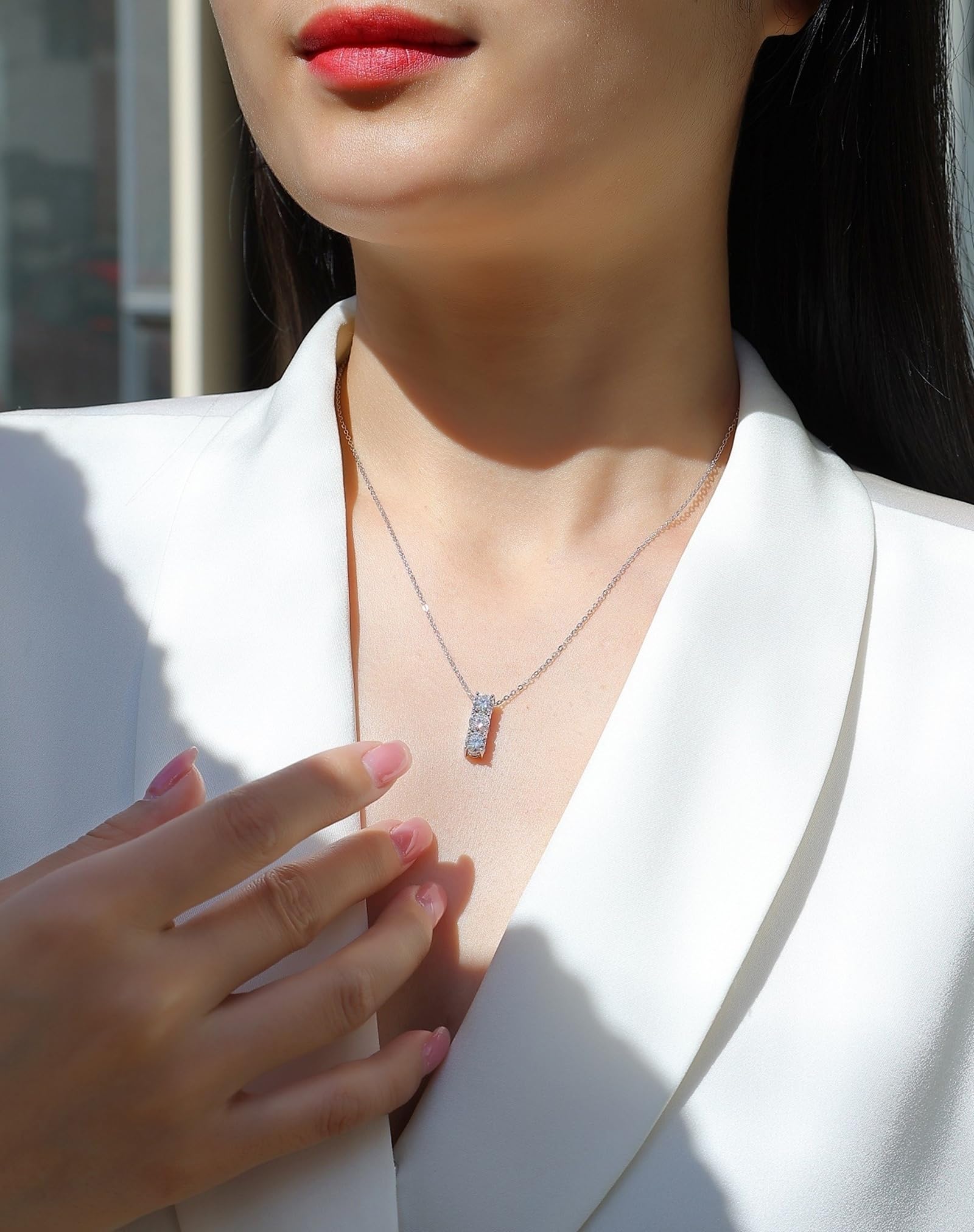 Collares de oro blanco para mujer con moissanita, oro blanco/platino, collar ajustable para mujer, tres piedras simples