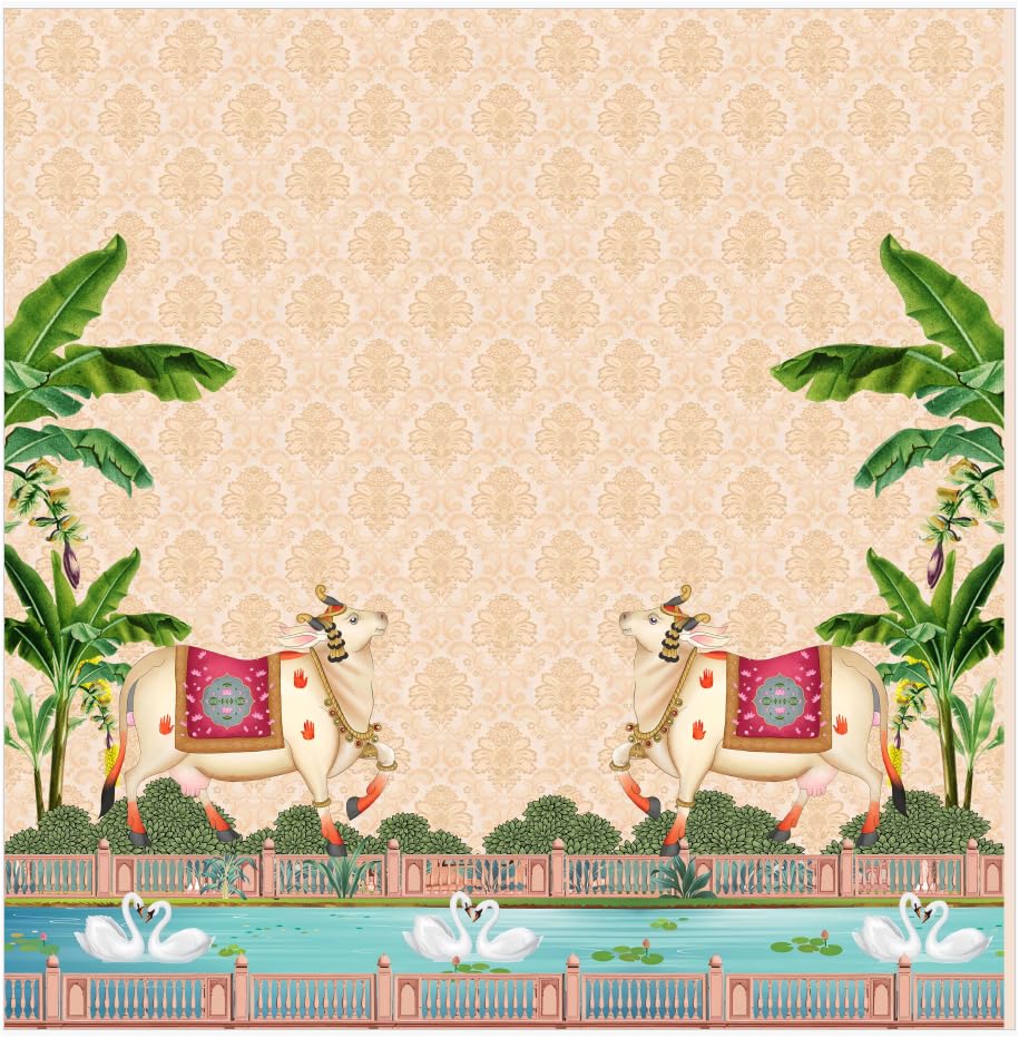Image of pichwai Backdrop Cloth for Decoration | Pooja Backdrop Cloth| Background Decoration Cloth 8 /8 ft (Beige Colur Two Cow(8 8 FT)) bhogi Pallu Decorations