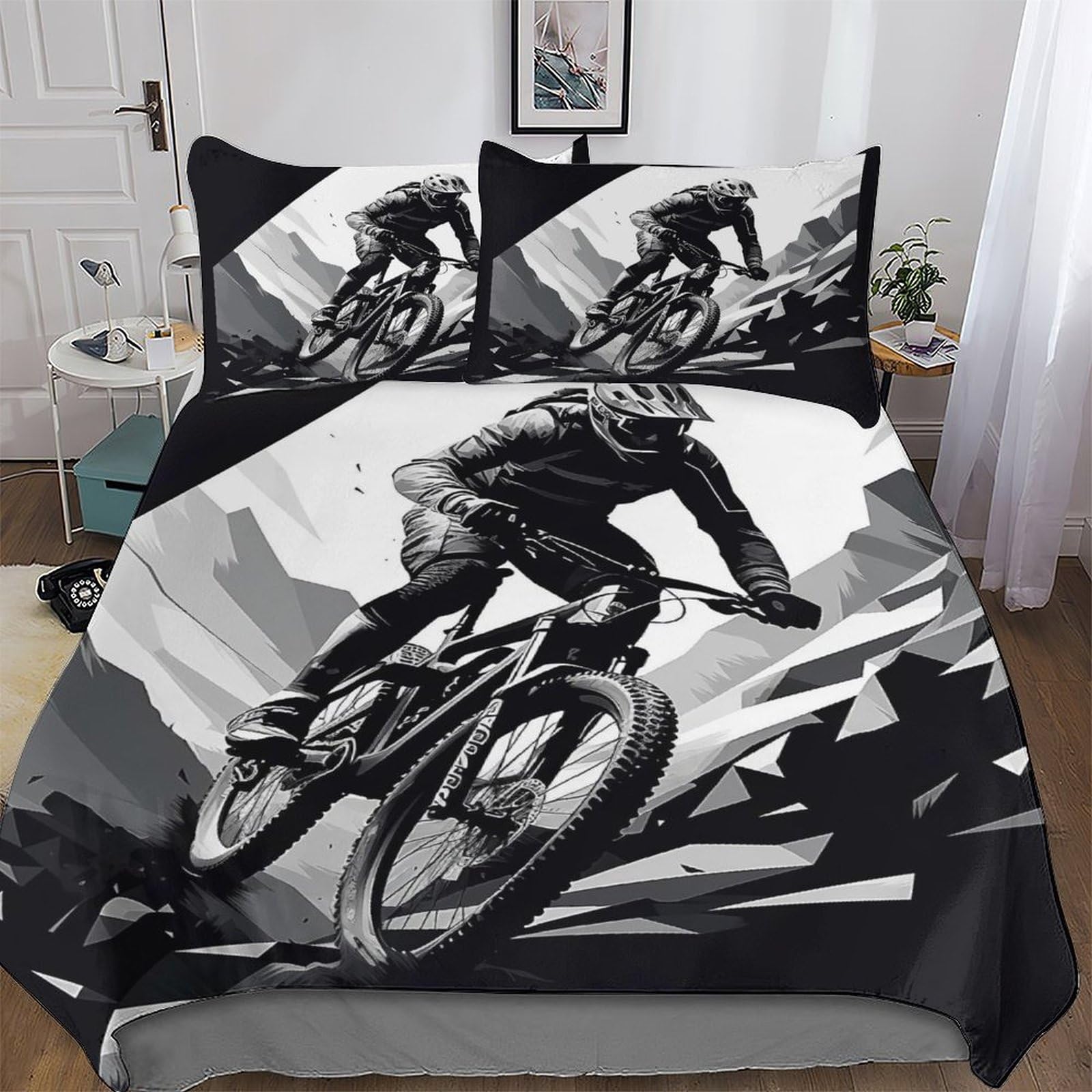 Pazzk Boys Mountain Bike Bedding Set 3D Print Duvet Cover Set With Pillowcase With Zipper Soft Microfiber Bedspread Cover Comforter Cover 2Pcs For Girls And Teenagers Single (135X200cm)