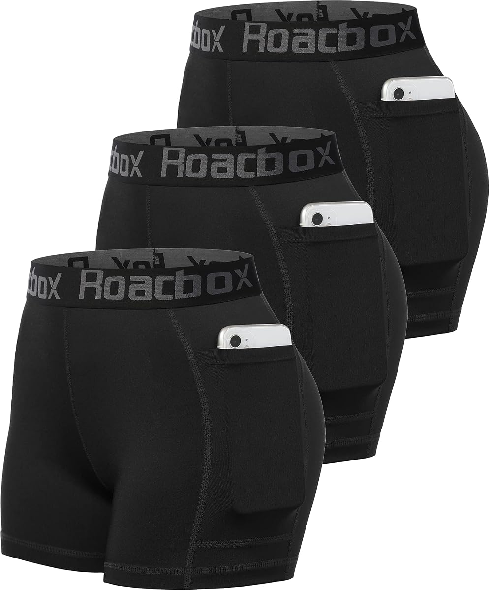 Roadbox Pantalones cortos de voleibol de spandex para mujer de 3 pulgadas con bolsillo/sin bolsillo, paquete de 2/3 pantalones cortos de compresión para entrenamiento, correr, gimnasio, yoga